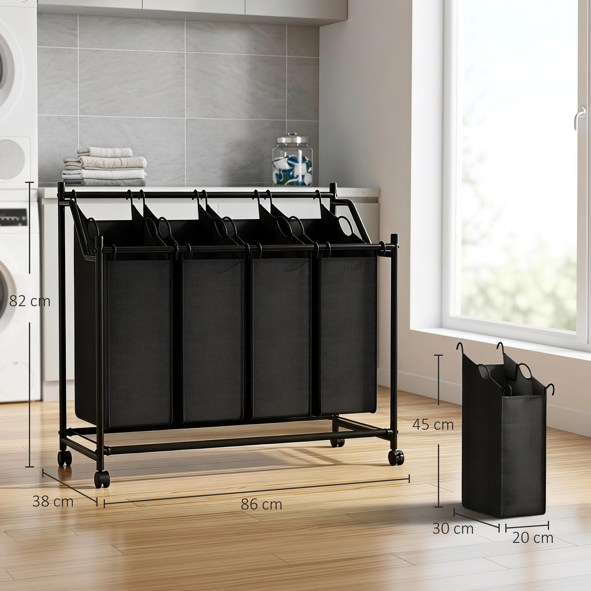 Wäschesammler mit Griff, 108 L rollbarer Wäschekorb mit 4 Fächern und Rollen, Schwarz