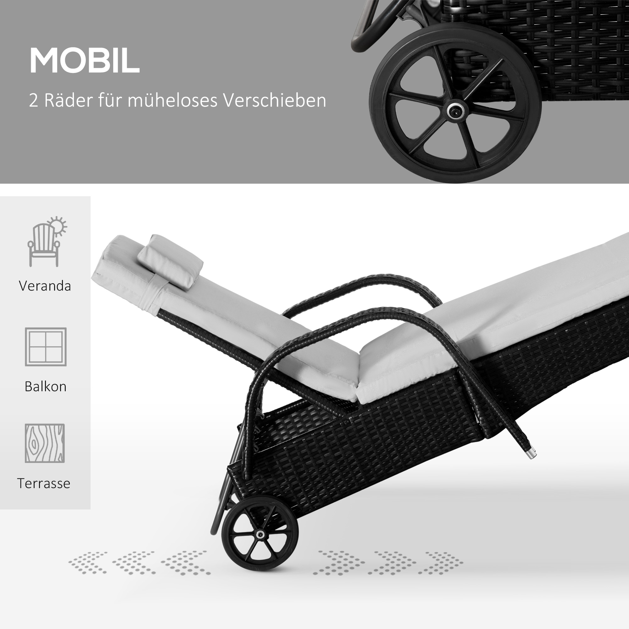 Sonnenliege Gartenliege Tisch 3er-Set Gartenmöbel, Polyrattan+Metall Schwarz+Cremeweiß