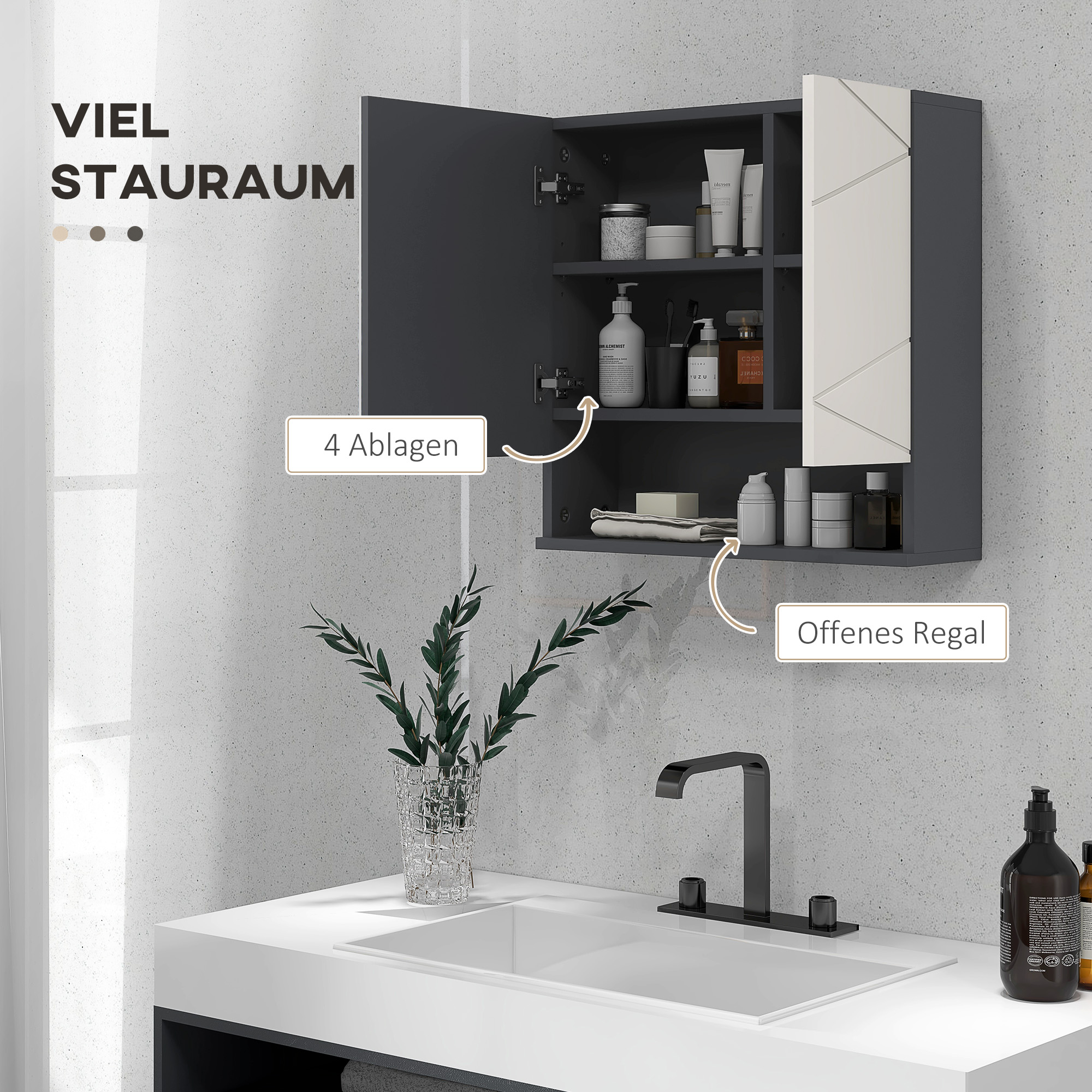 Badezimmerschrank, Spiegeltür, verstellbare Regale, bis zu 15 kg belastbar, Weiß