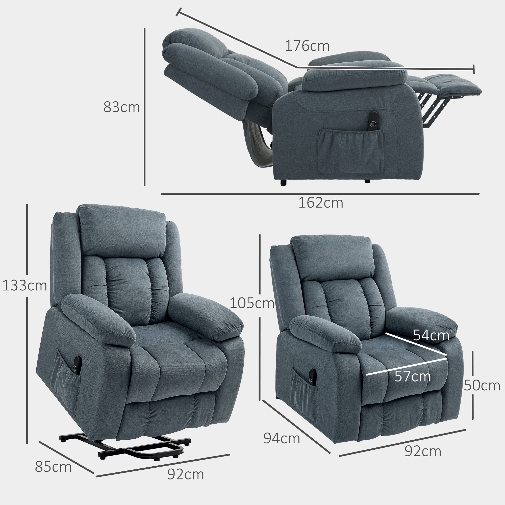 Aufstehsessel mit weichem Bezug, Recliner-Sessel mit Fernbedienung und Seitentaschen, Grau
