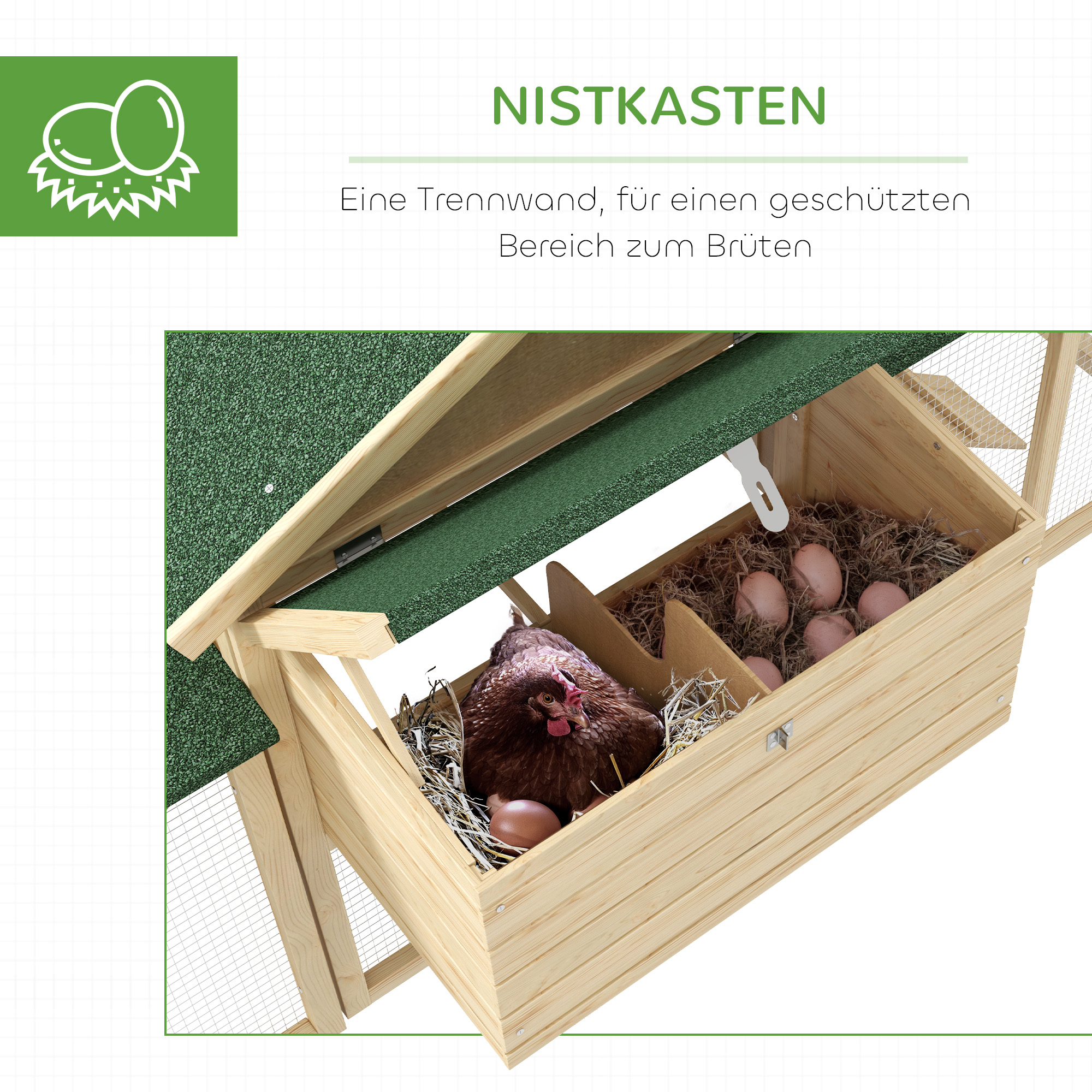 Hühnerstall mit Freigehege, inkl. Nistkasten, Rampe und Bodenwanne Tannenholz Naturholz