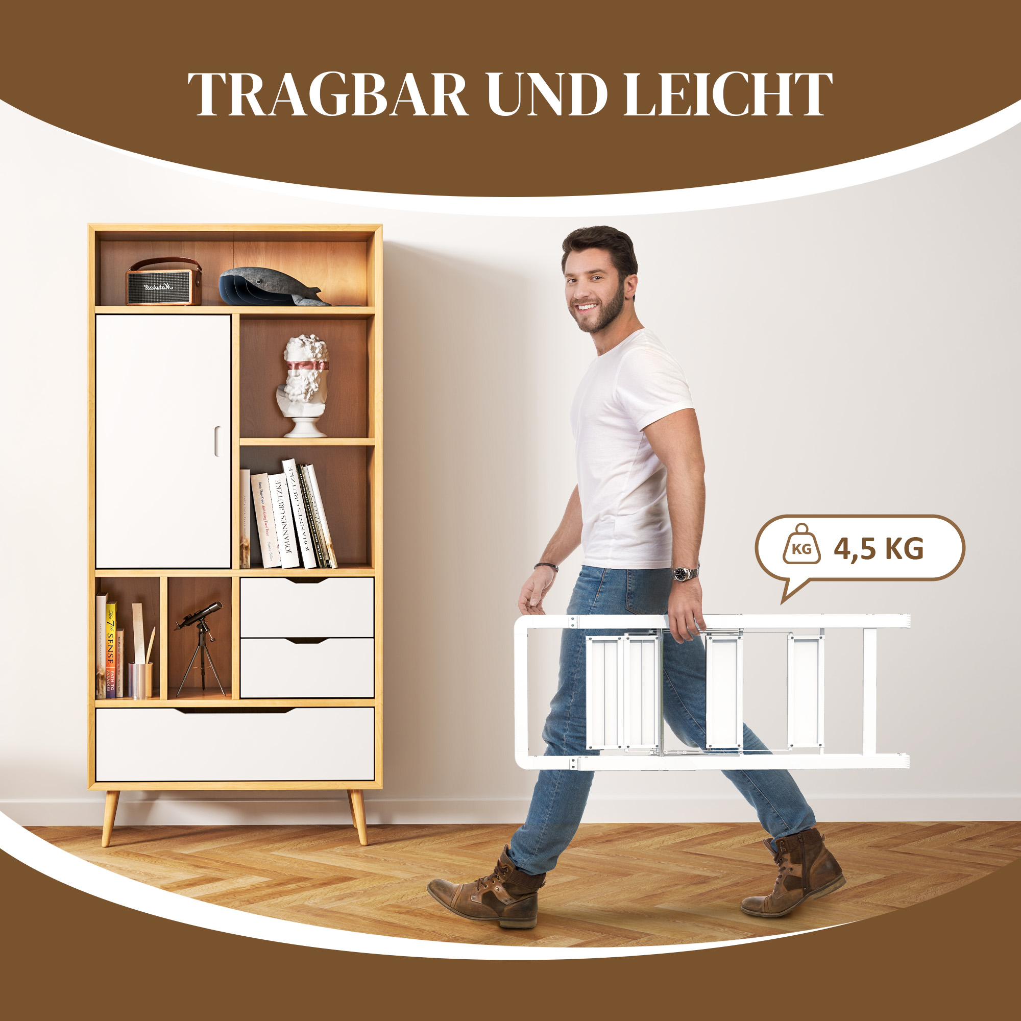 3-stufige Trittleiter, Aluminum faltbar, rutschfeste Plattform, Weiß