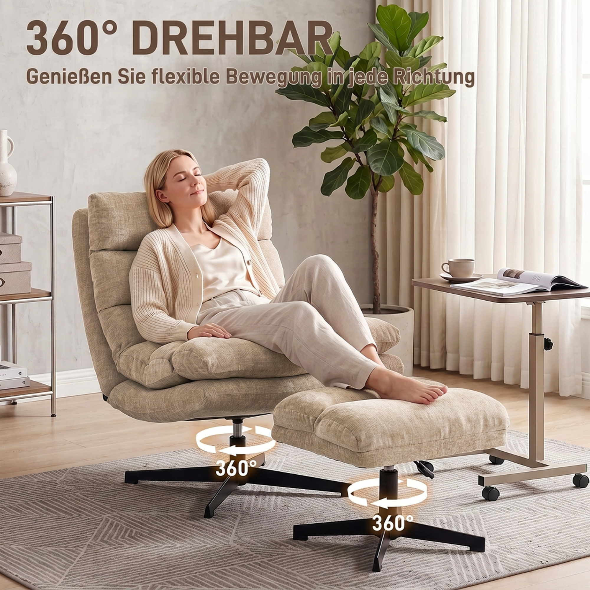 Loungesessel mit Fußhocker, drehbarer Chenille-Sessel mit höhenverstellbarem Fußhocker, dicker Polsterung und breiter Sitzfläche, Braun