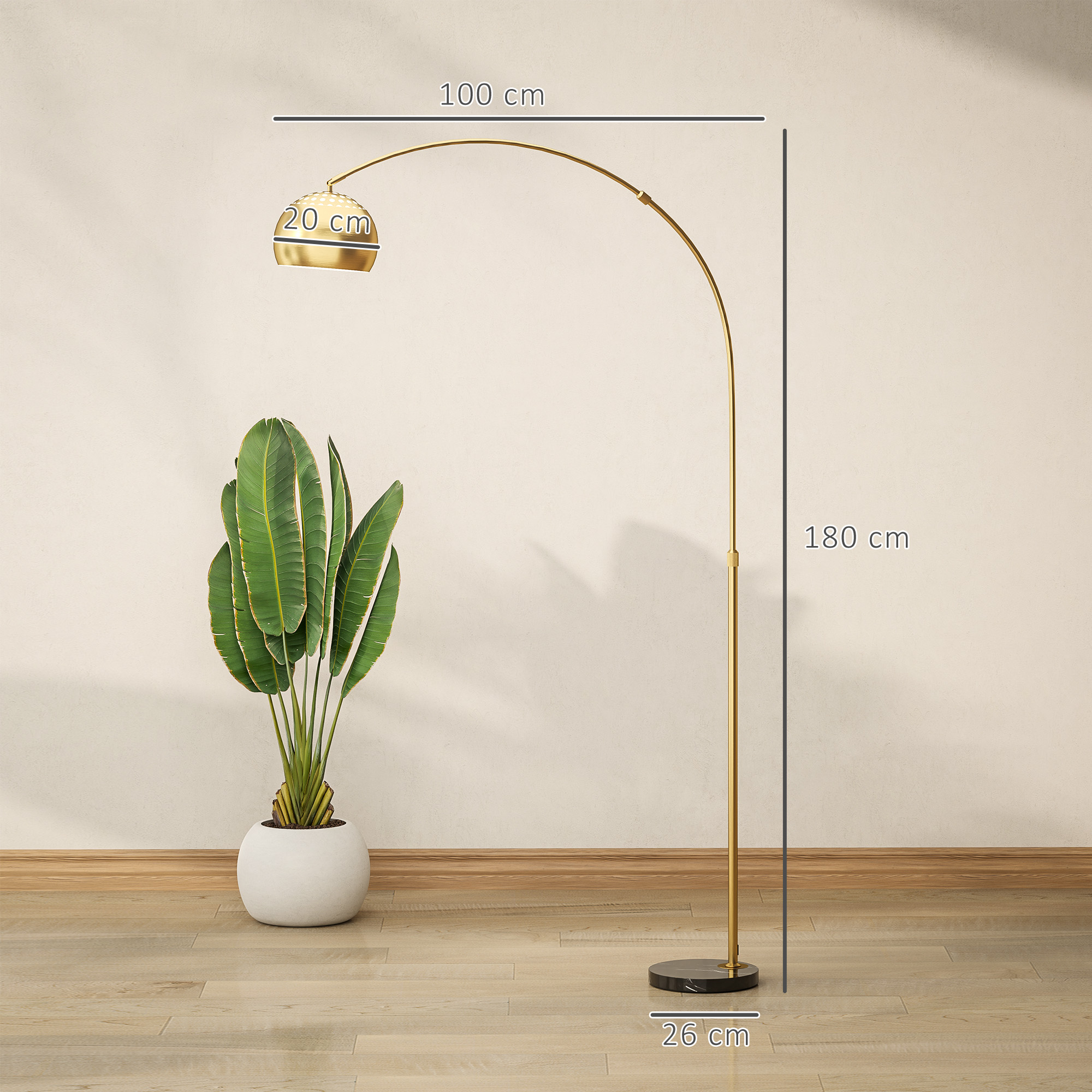 Stehlampe, Bogen-Design mit Marmorsockel, 180 cm, Schwarz+Gold