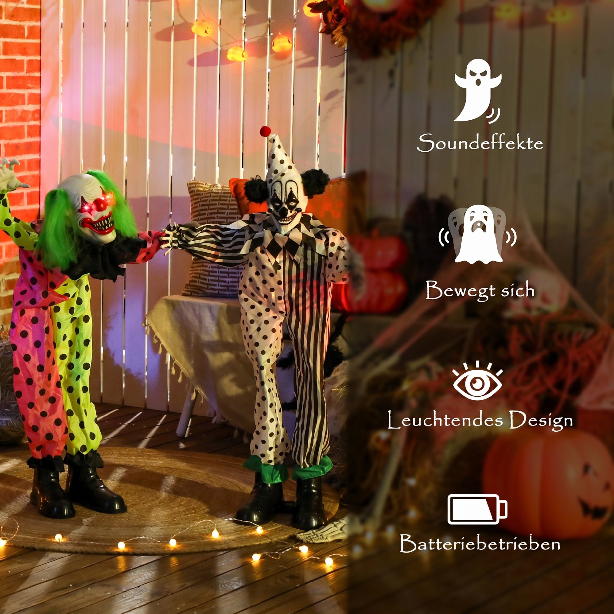 stapelbare Halloween-Animatronics-Clowns mit roten leuchtenden Augen für Indoor-Party-Requisiten