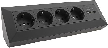 4-fach Steckdosenblock + 2x USB, schwarz - 250V~/ 16A, Aufbaumontage, USB 3,1A 4-fach Steckdosenblock + 2x USB, schwarz - 250V~/ 16A, Aufbaumontage, USB 3,1A