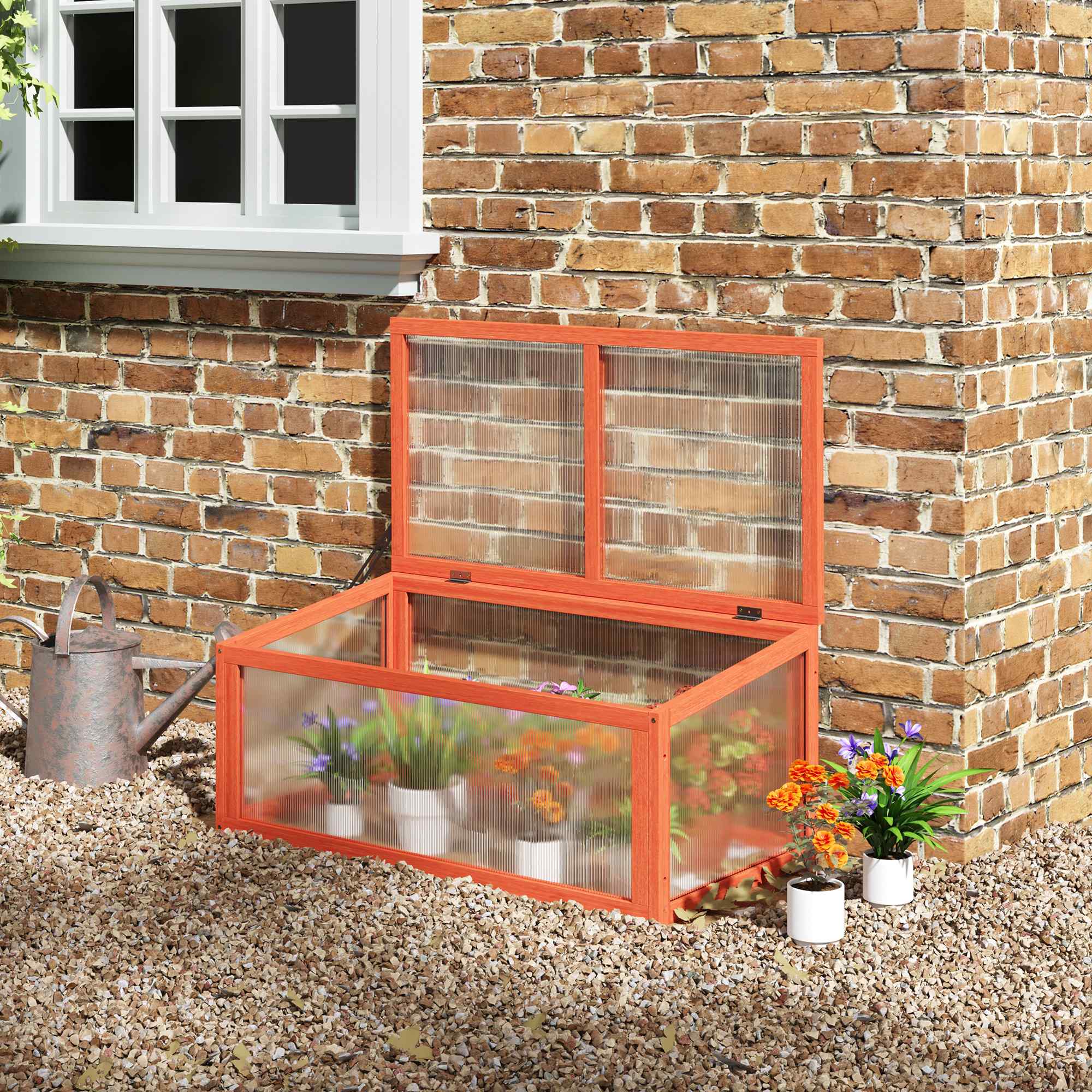Frühbeet Holz und Polycarbonat Treibhaus 90 x 46 x 40 cm Gewächshaus mit Abdeckung wetterfest Frühbeetkasten für Garten Pflanzenbeet Orange