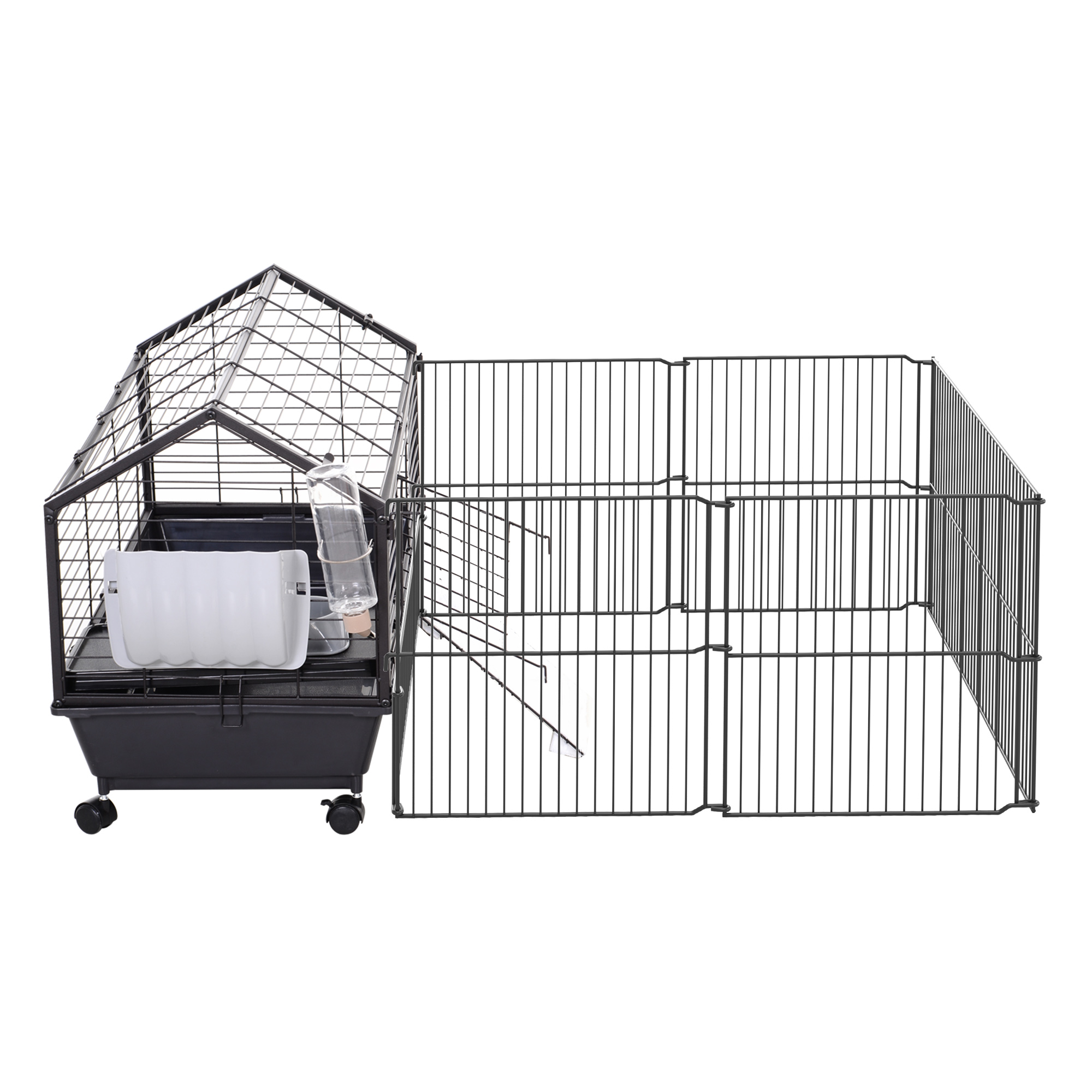 Kleintierkäfig mit Freigehege inkl. Zubehör 88 cm x 128,5 cm x 56 cm  4 Rollen Schwarz Metall Polypropylen