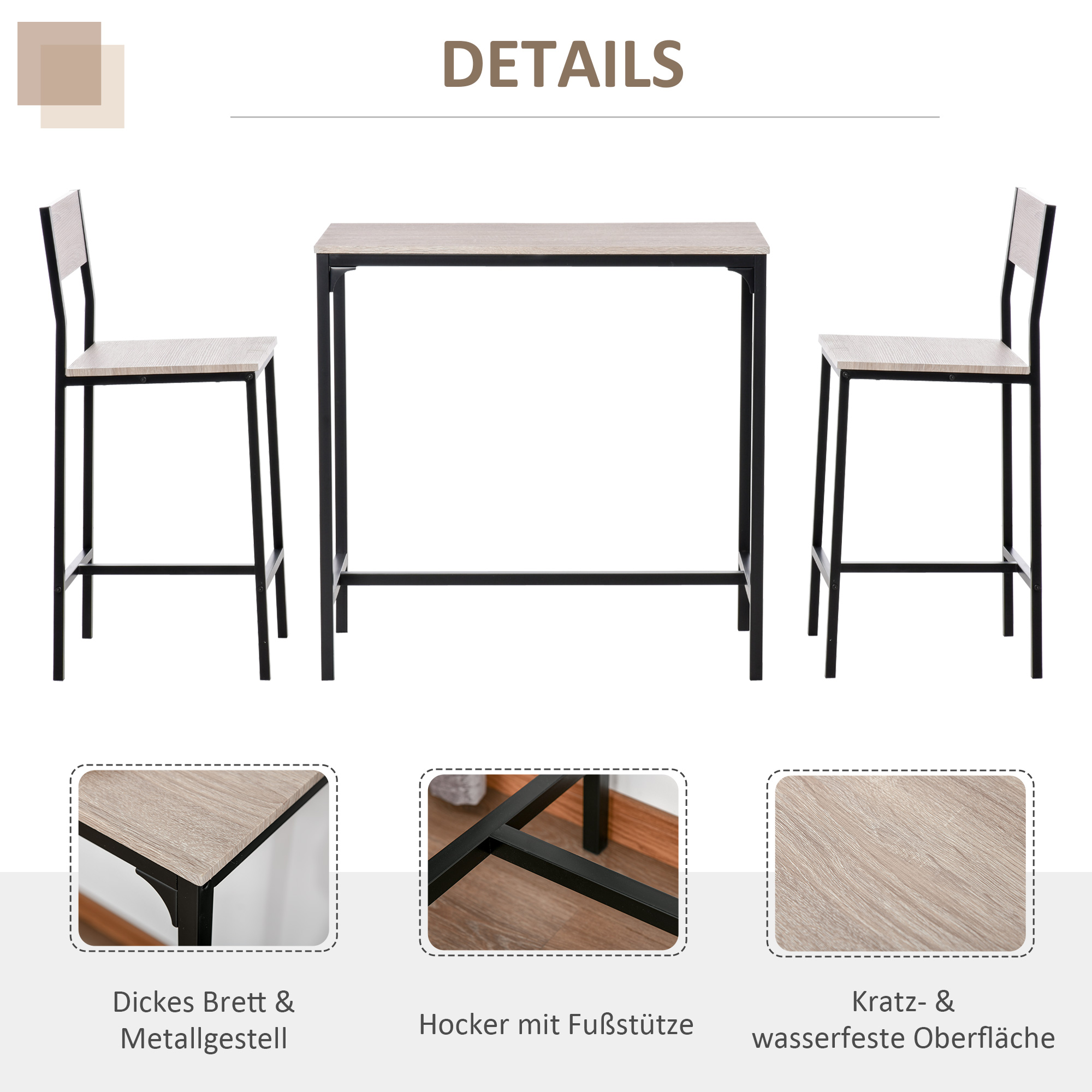 Bartisch Set Bartisch mit Barhocker-Set Esstisch mit 2 Stühlen mit Rückenlehne Küchentisch für Esszimmer, Küche, Natur+Schwarz