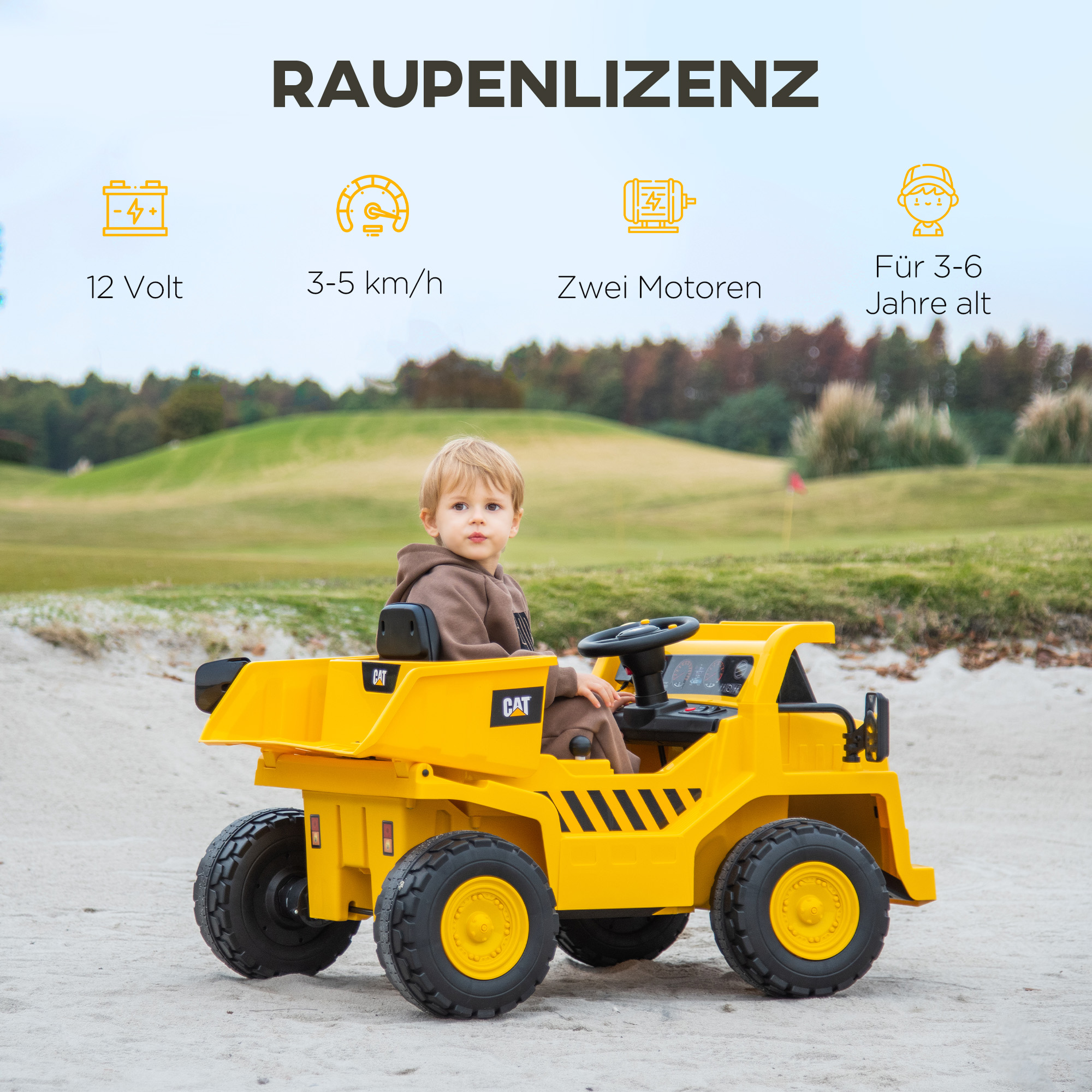 Elektro-Kinderbagger, Caterpillar Kipplaster, 3-5 km/h, mit Fernsteuerung, 3-6 Jahre, Gelb