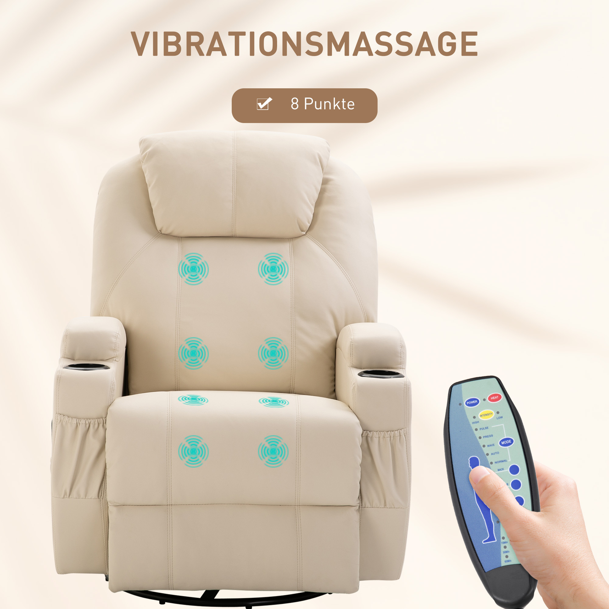 Massagesessel Elektrisch Relaxsessel Fernsehsessel Massagefunktion 5 Massage-Modi Liegefunktion Kunstleder Holz Metall Schaumstoff Cremeweiß 84 x 92 x 109 cm