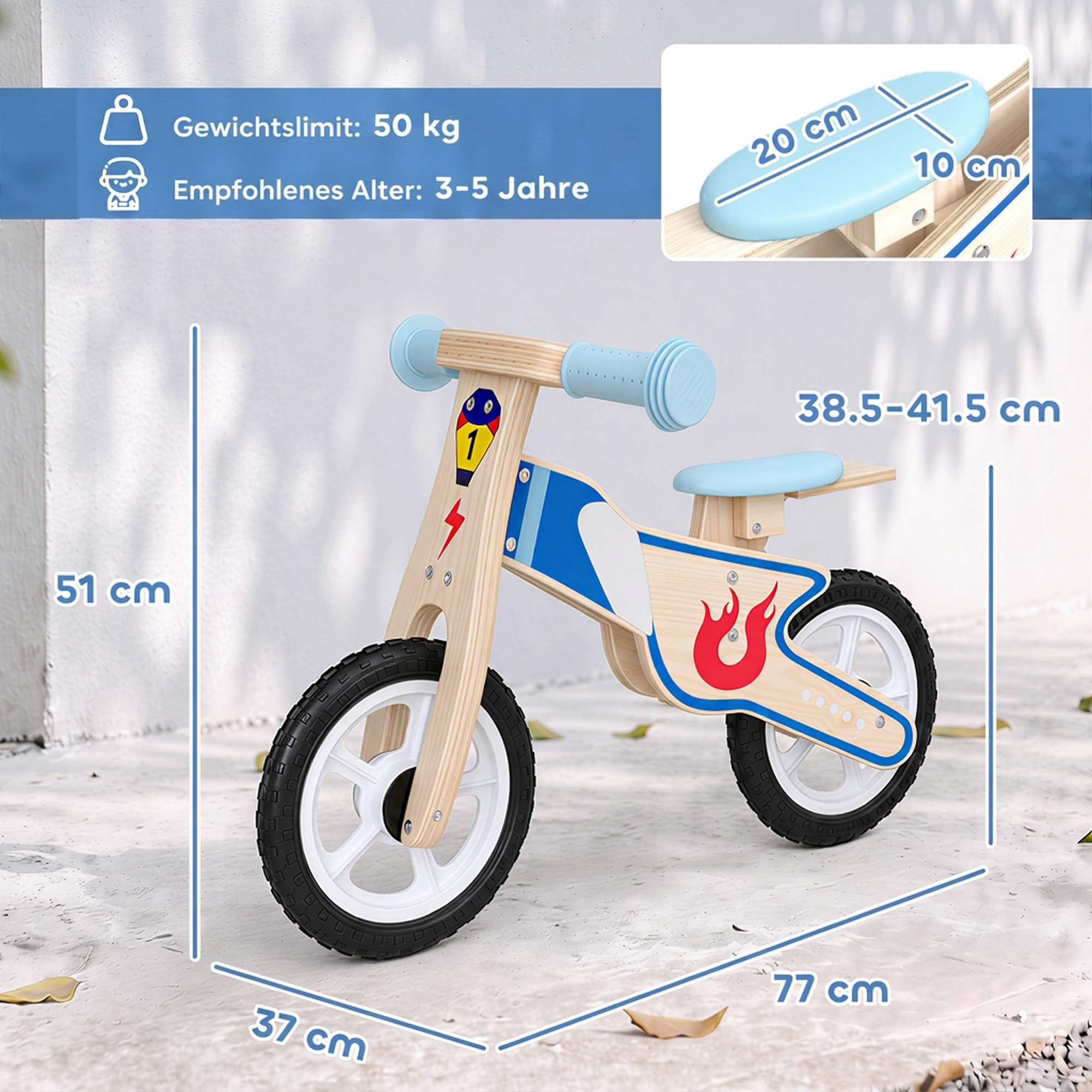 Kinder Laufrad 3-5 Jahre Baby bis 50 kg Holz Lauflernrad mit EVA-Rädern Höhenverstellbarer Sitz Naturholz