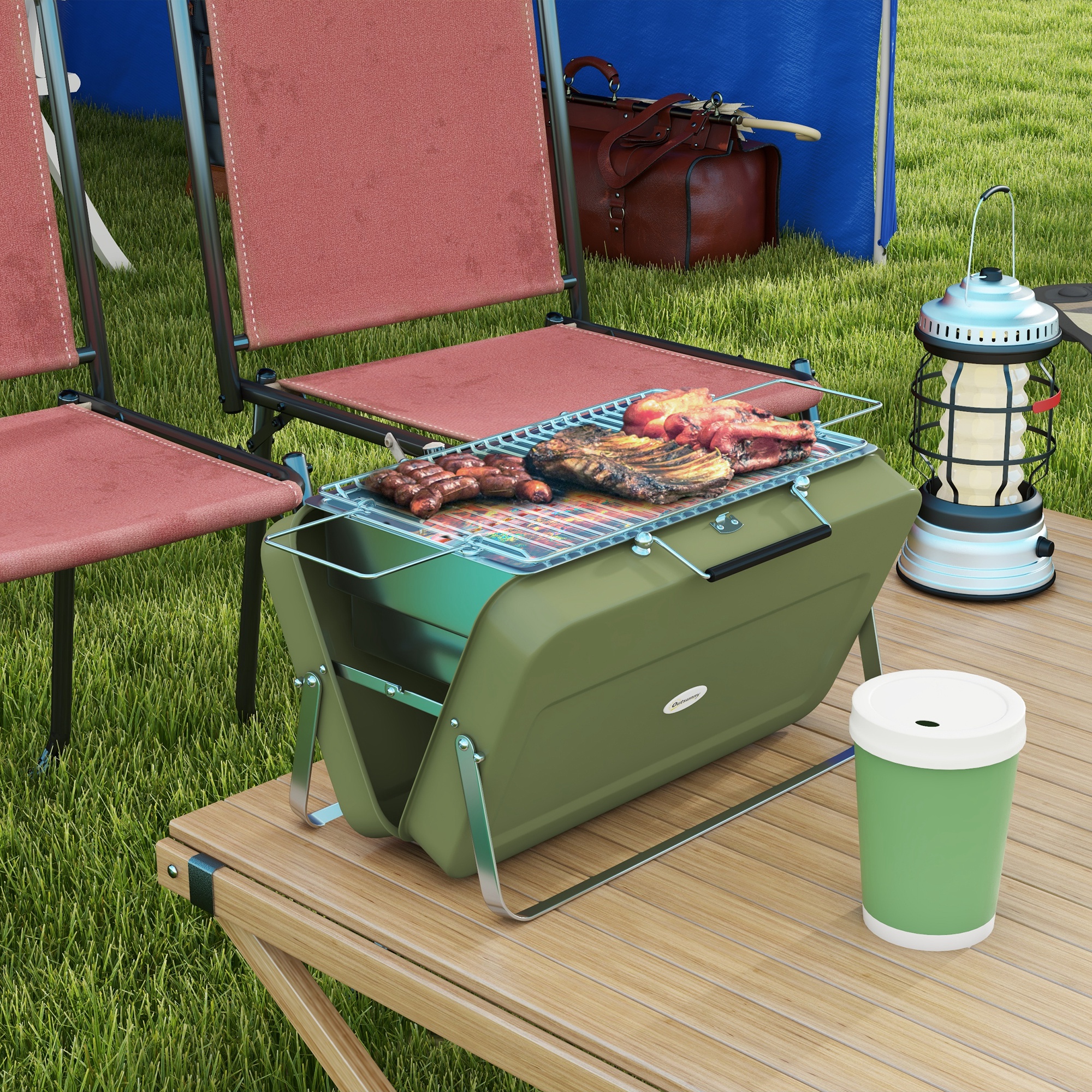 Koffergrill, Mini-Kohlegrill, klappbar, mit Kohleschale und Ascheauffangschale, Metallgehäuse, Grün