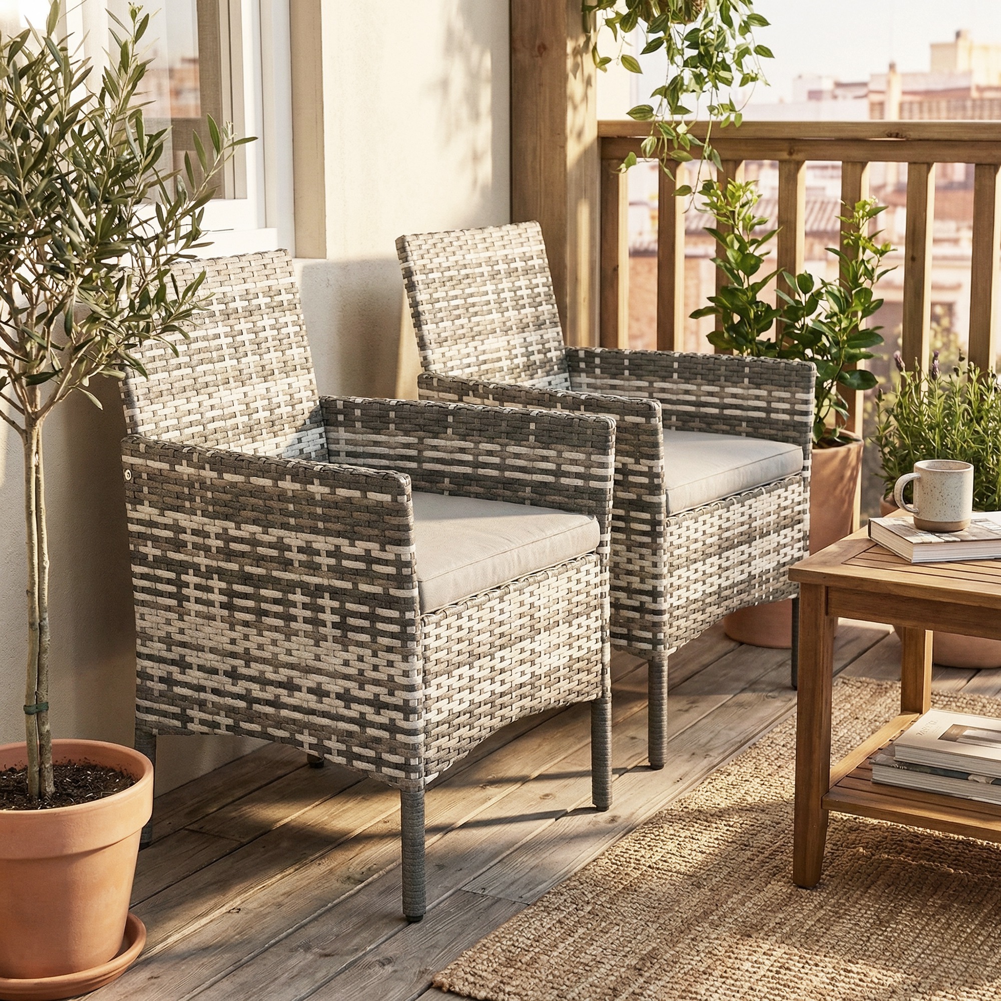2er Set Gartenstuhl Polyrattan Gartenmöbel mit 2 Sessel Abnehmbaren Kissen Stahlrahmen Grau