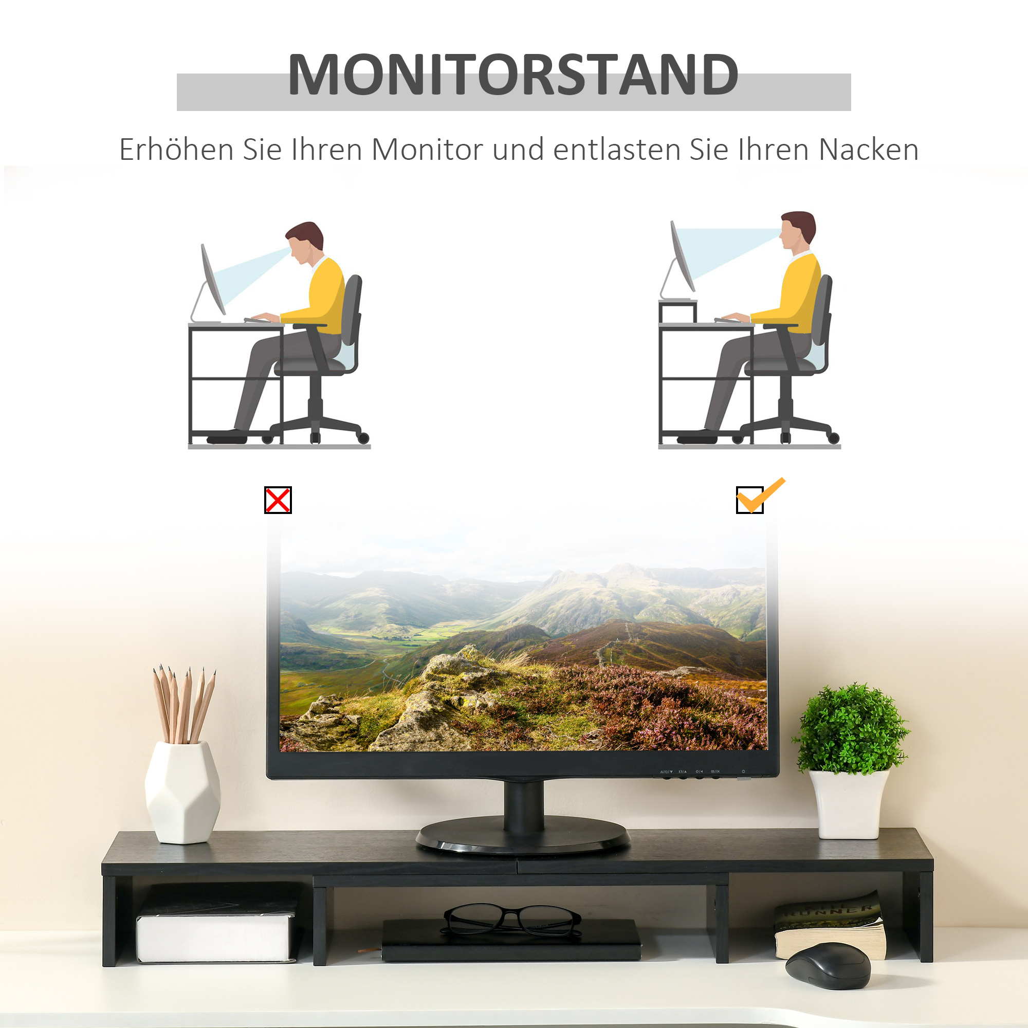 Monitorständer Monitor Stand Dual Bildschirmerhöhung Verstellbare Länge und Schwenkwinkel Bildschirmständer für PC Notebook Laptop Drucker 80-117 x 23,5 x 10 cm Schwarz