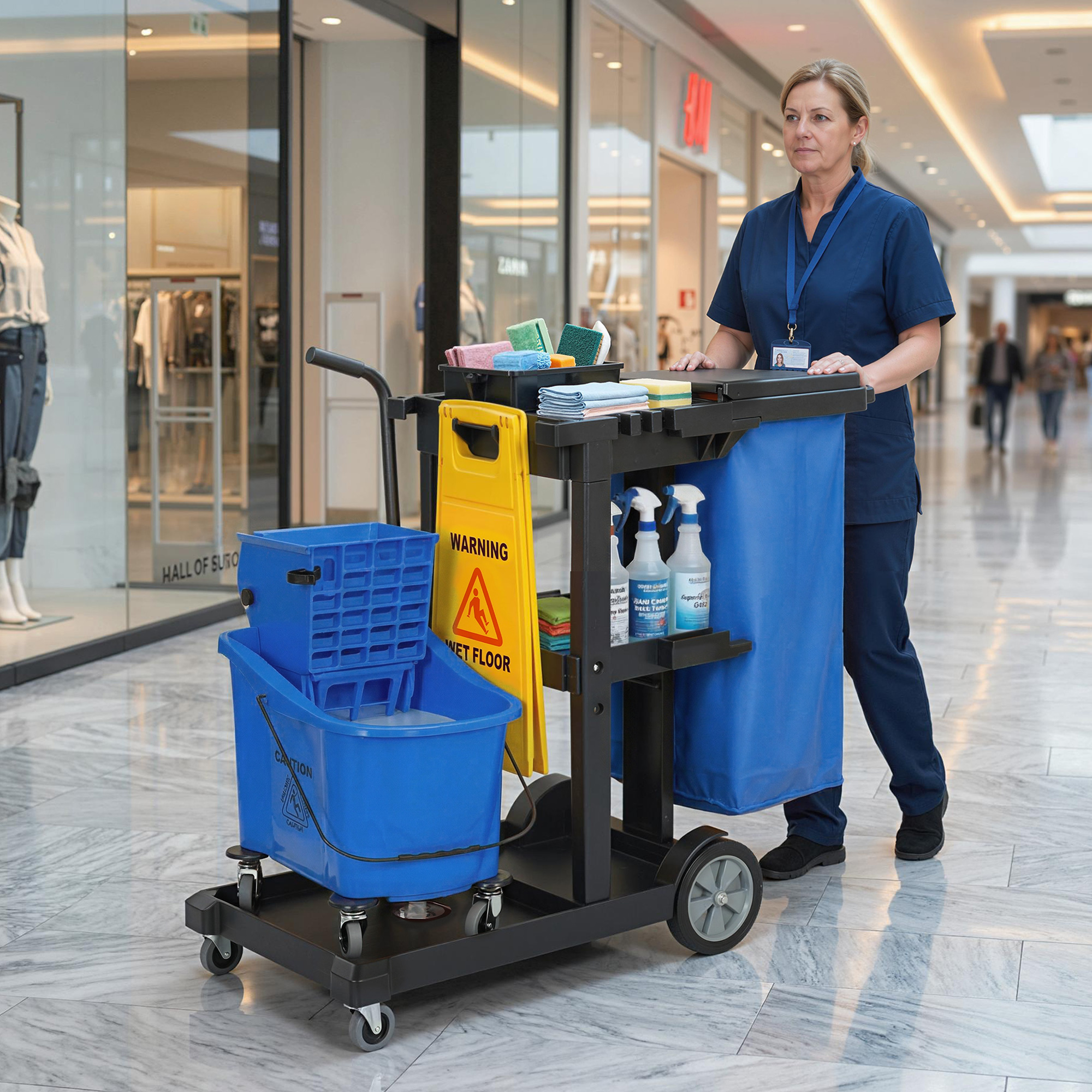 Reinigungskarre, Rollender Putzwagen mit 3 Ablagen, 70-Liter-Müllsack, Mop-Wringer-Eimer, Blau