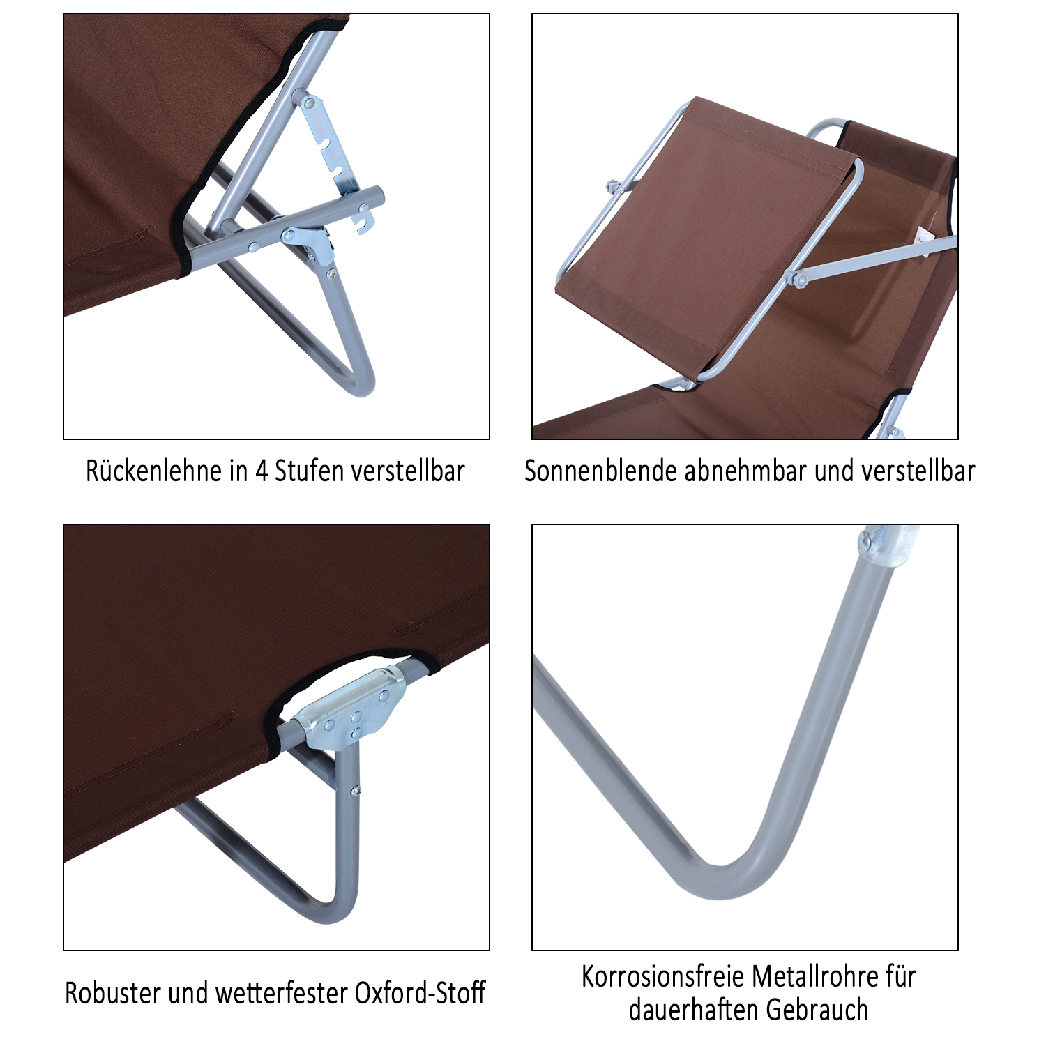 Sonnenliege klappbar Gartenliege mit Sonnenschutz Liegestuhl mit 4-Fach verstellbare Rückenlehne Campingliege bis 120kg belastbar für Garten, Balkon und Pool geeignet, 6 Farben(Braun )