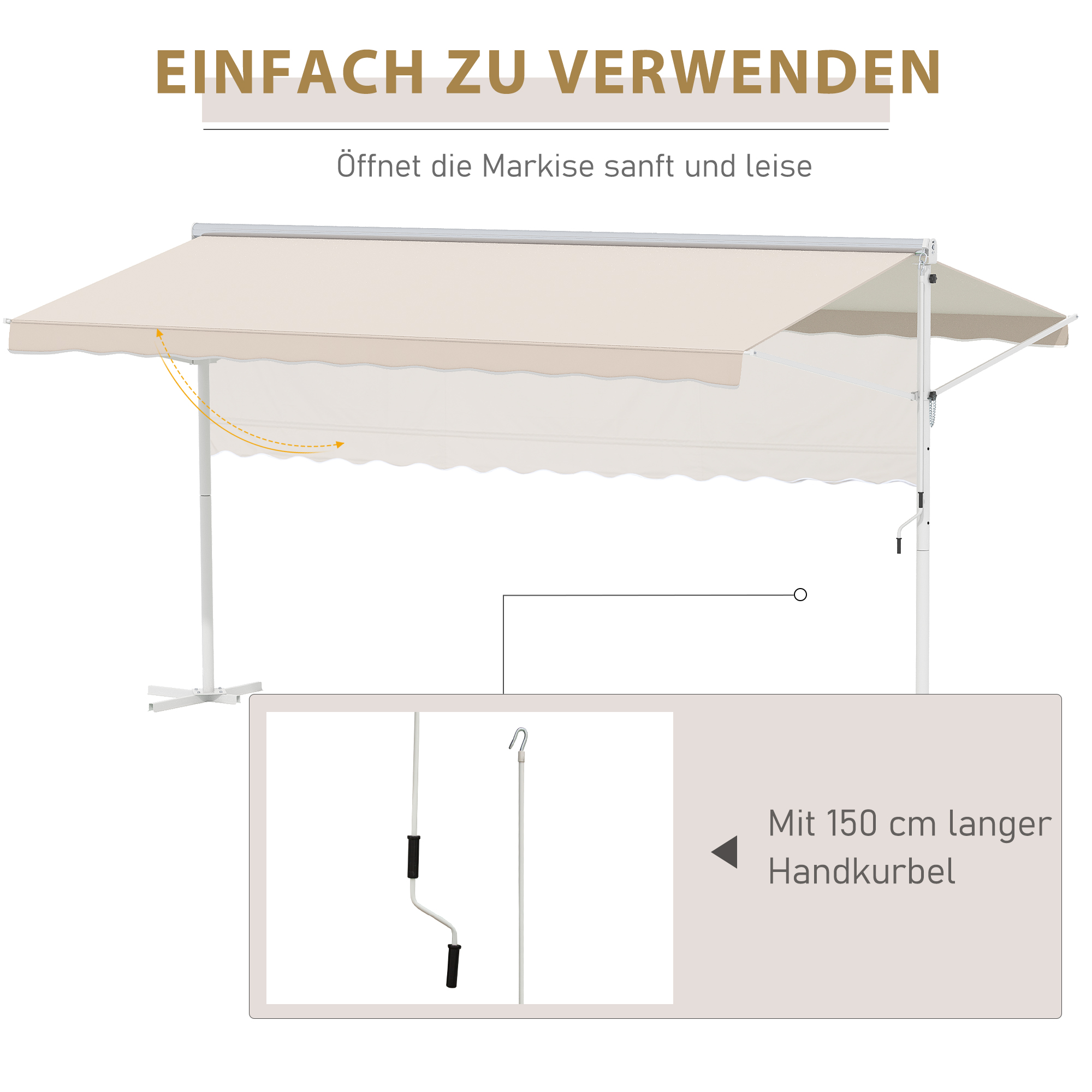 Standmarkise Markise 4,5 x 3,4m Terrassenüberdachung Gartenmarkise mit Faltarm Kurbel Terrasse Creme Alu Metall