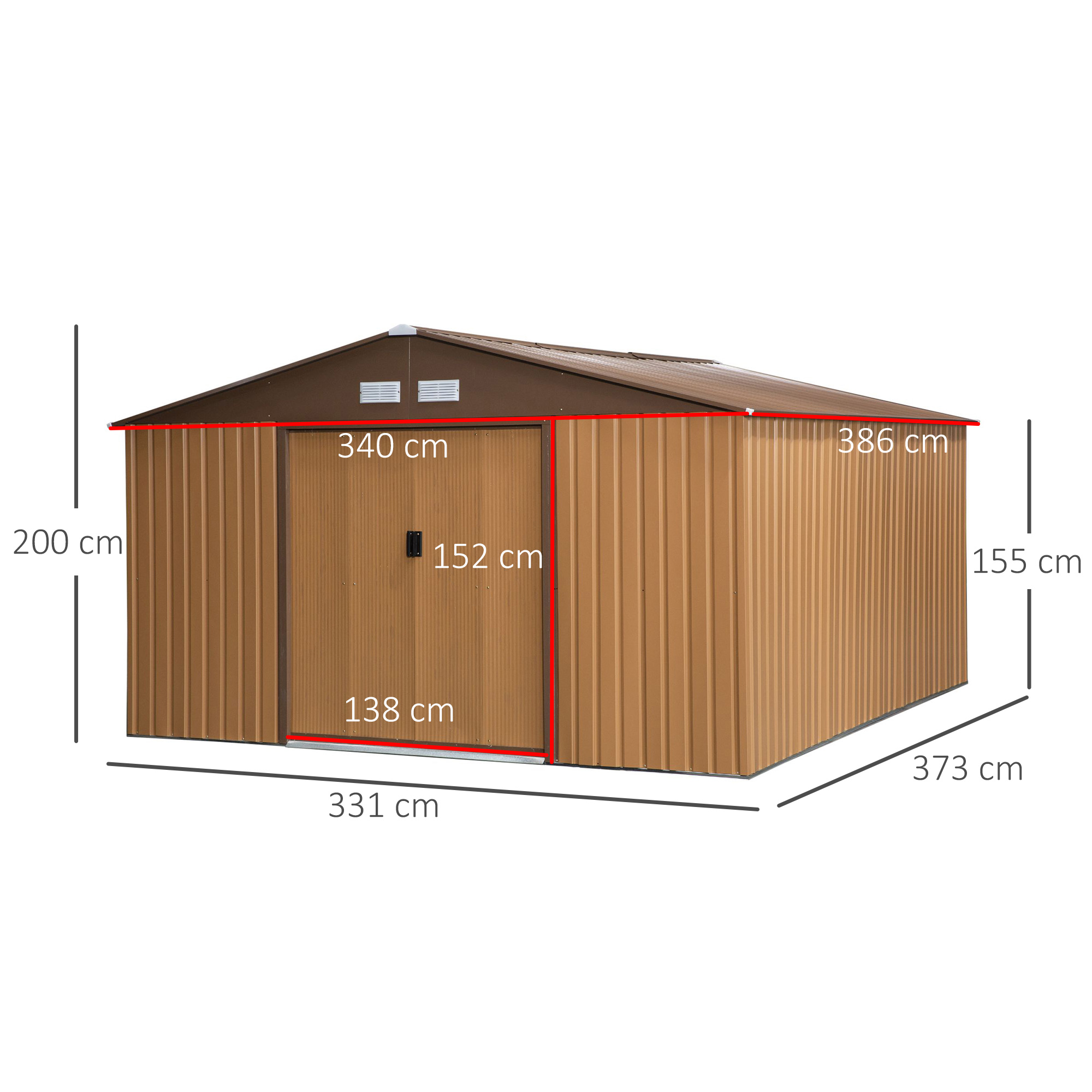 Stahl Gerätehaus 20m³ Geräteschuppen Gartenhaus Fahrradschuppen Garten Schuppen Braun 340 x 386 x 200 cm