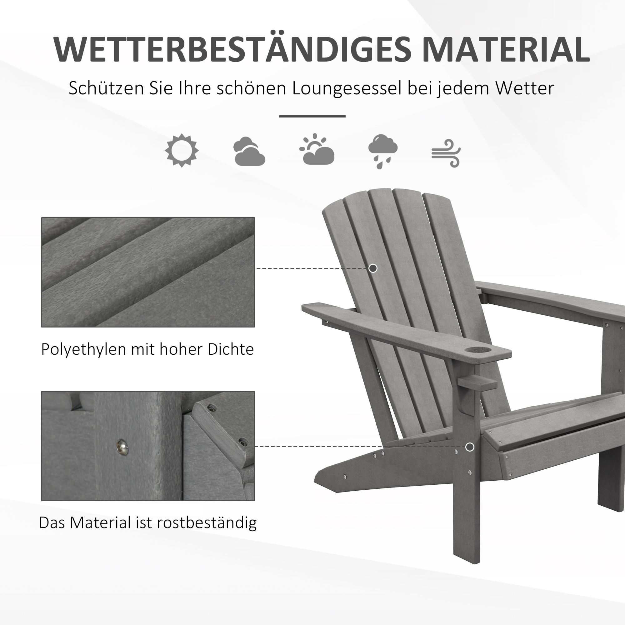 Gartenstuhl, ergonomisches Design, wetterfest, HDPE, grau, 75 x 87 x 90 cm