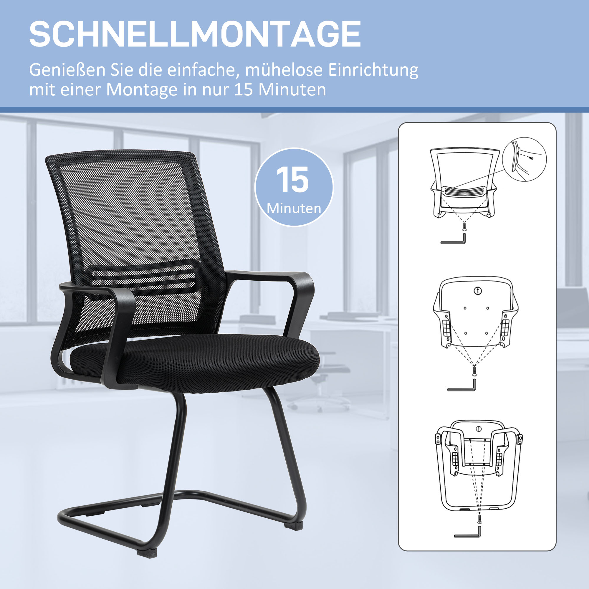 ergonomischer Stuhl, Netzstoff, Schaumstoff, Metallbeine, Kufenbasis, Schwarz