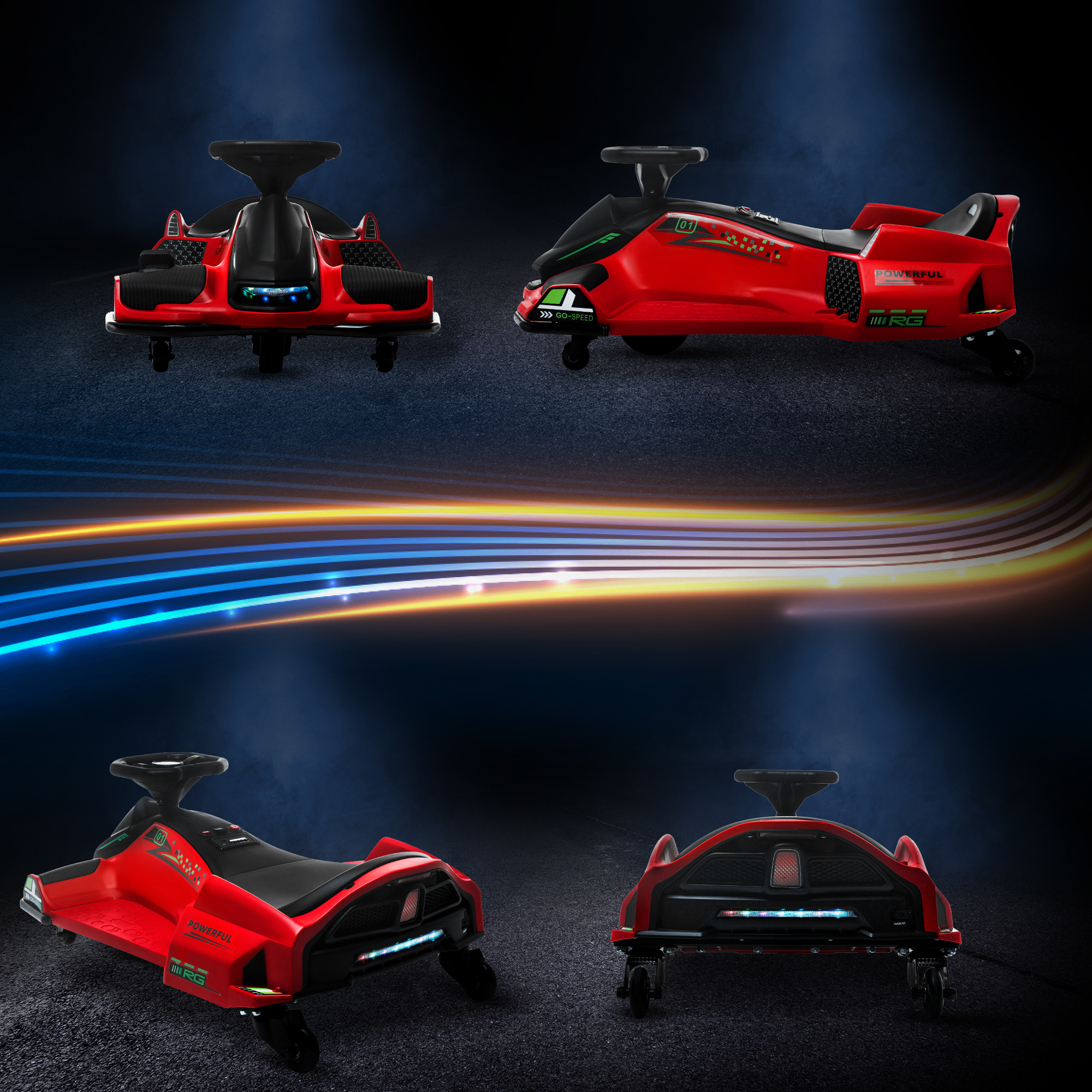 Elektrisches Go-Kart für Kinder, Gummiräder, 3-8 km/h, mit Lichtern und Musikfunktion, Rot