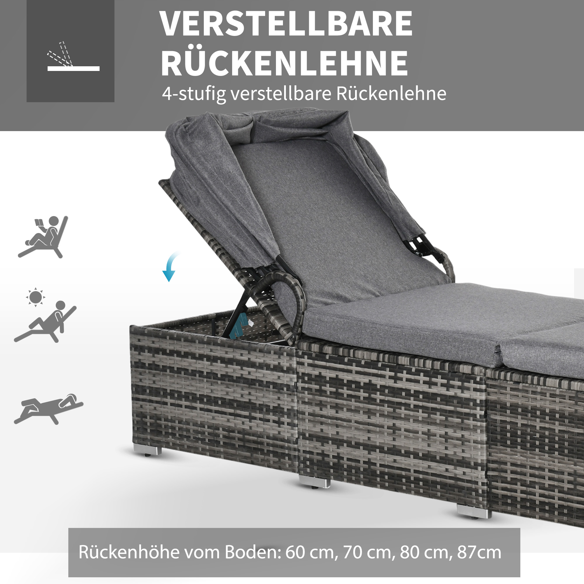 Sonnenliege aus Polyrattan mit Sonnendach Gartenliege verstellbar Rattanliege Gartenmöbel Liege mit Kissen Grau 195 x 65 x 40 cm