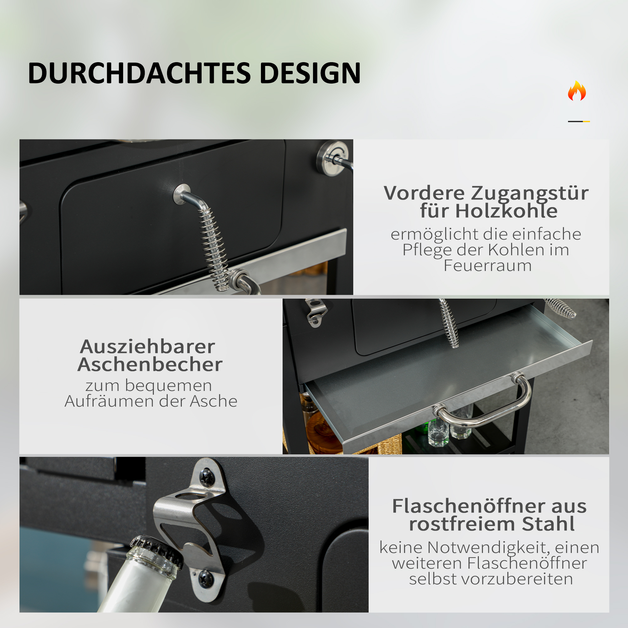 Kohlegrill BBQ-Grill Smoker, inkl. Thermometer, Flaschenöffner, 120 x 64 x 114 cm, Schwarz