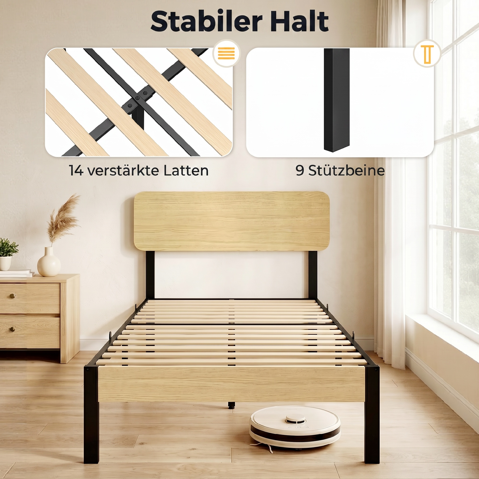 Bettgestell 90 x 200 cm mit Kopfteil, Plattformbett, Einzelbett mit Stauraum unter dem Bett