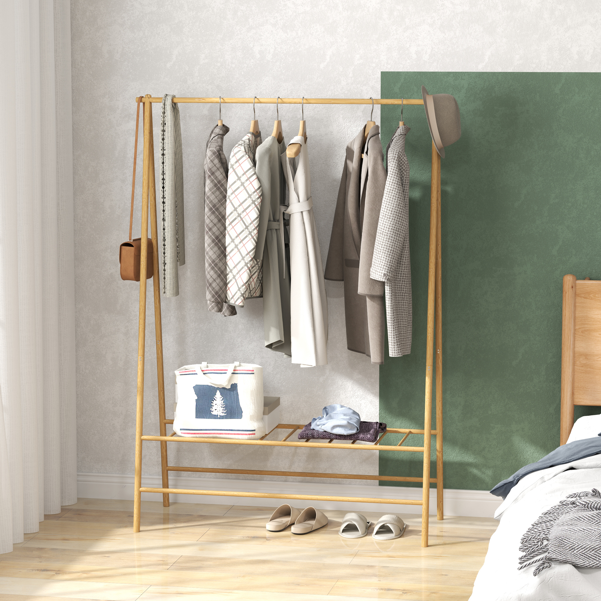 Bambus-Kleiderständer mit Schuhregal und Haken, freistehend, für Eingangsbereich, Schlafzimmer, Naturholz