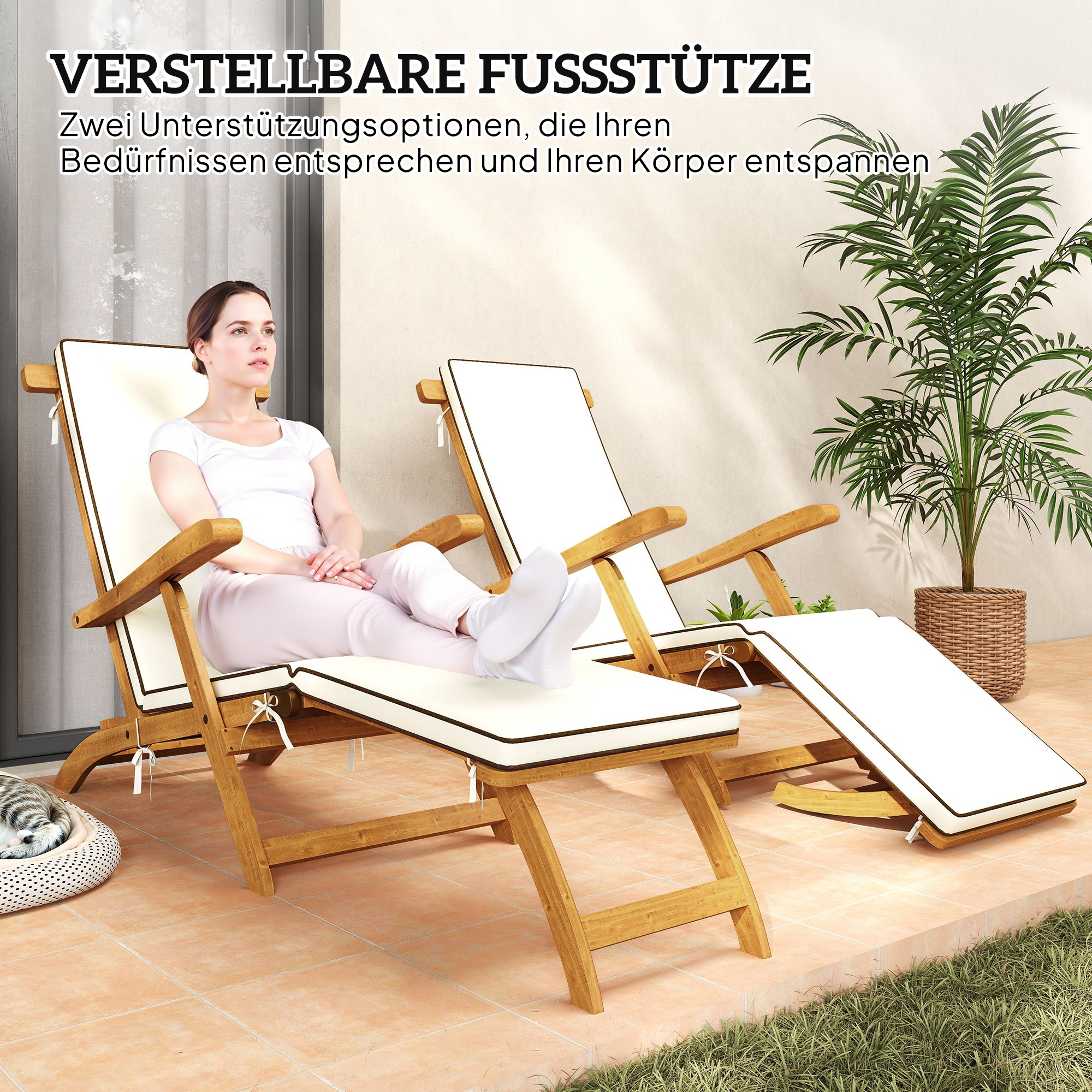 Sonnenliege Holz klappbar Gartenliege mit Fußstütze, Matratze, Liegestuhl bis 160 kg belastbar Teak