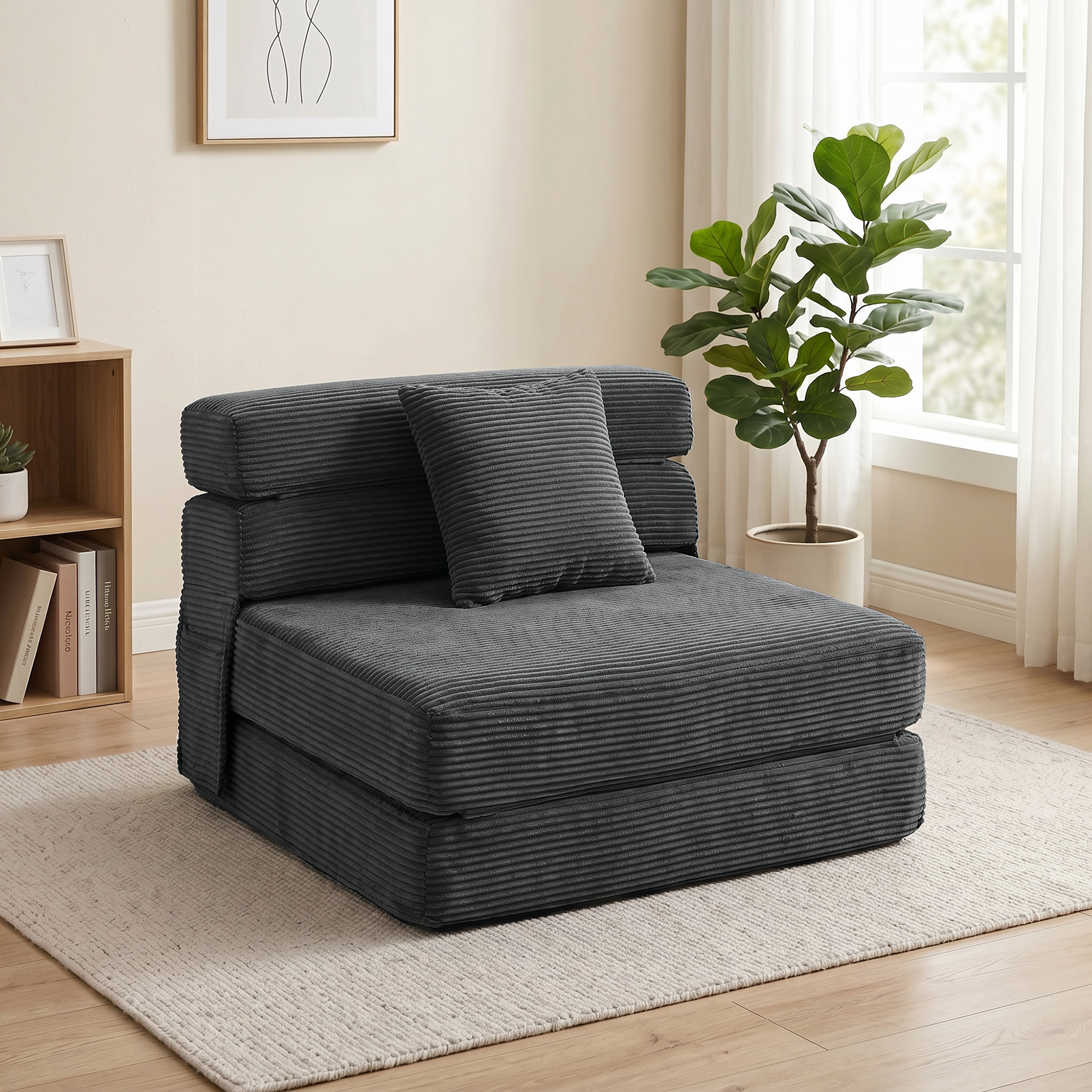 2-in-1 Boneless Cloud Bodenstuhl, klappbares Schlafsessel mit Cord-Optik & Lendenkissen, Dunkelgrau