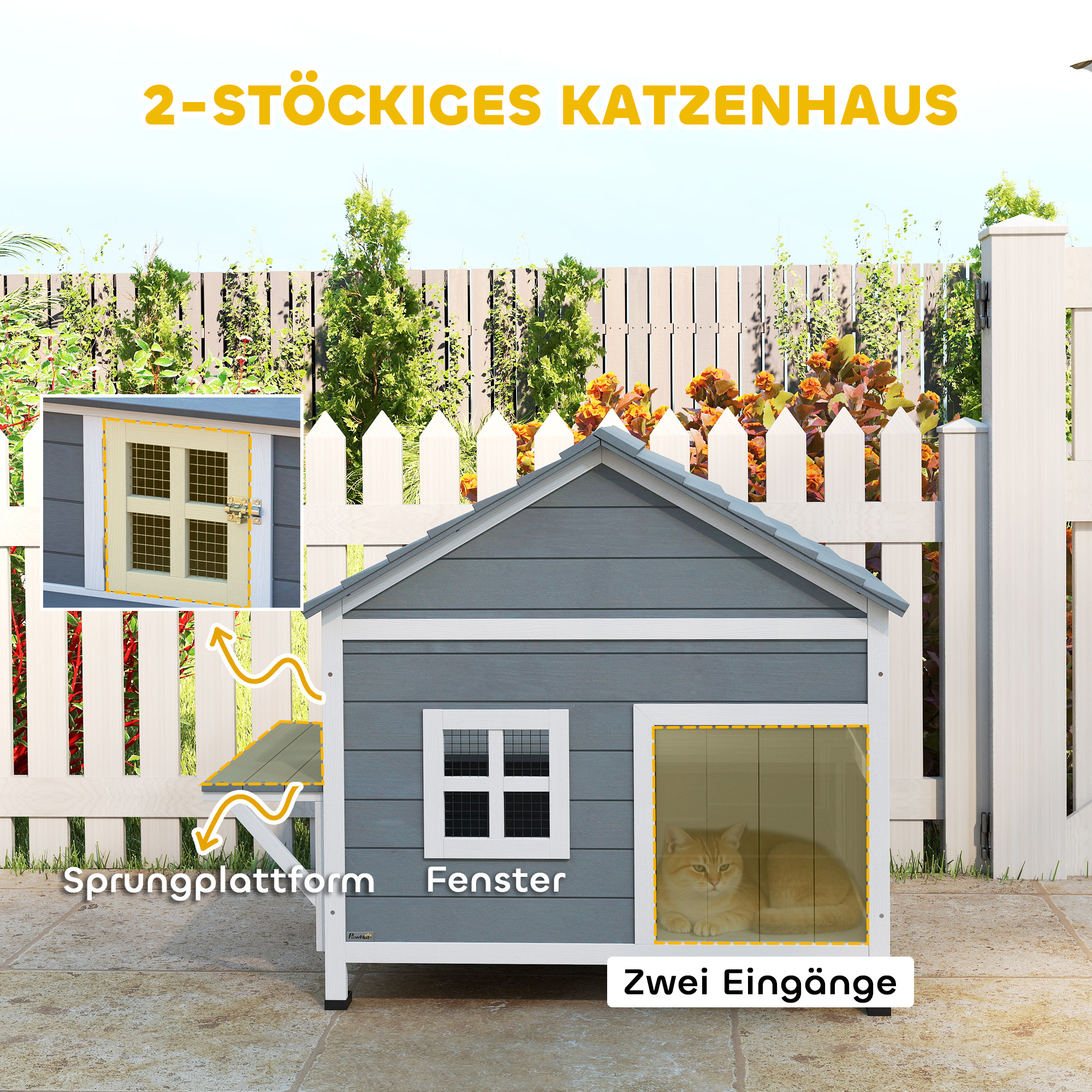 Katzenhaus aus Holz 2-Etagen Katzenhöhle mit wasserdicht aufklappbar Dach, seitlicher Plattform, 101x72,5x81cm, Grau