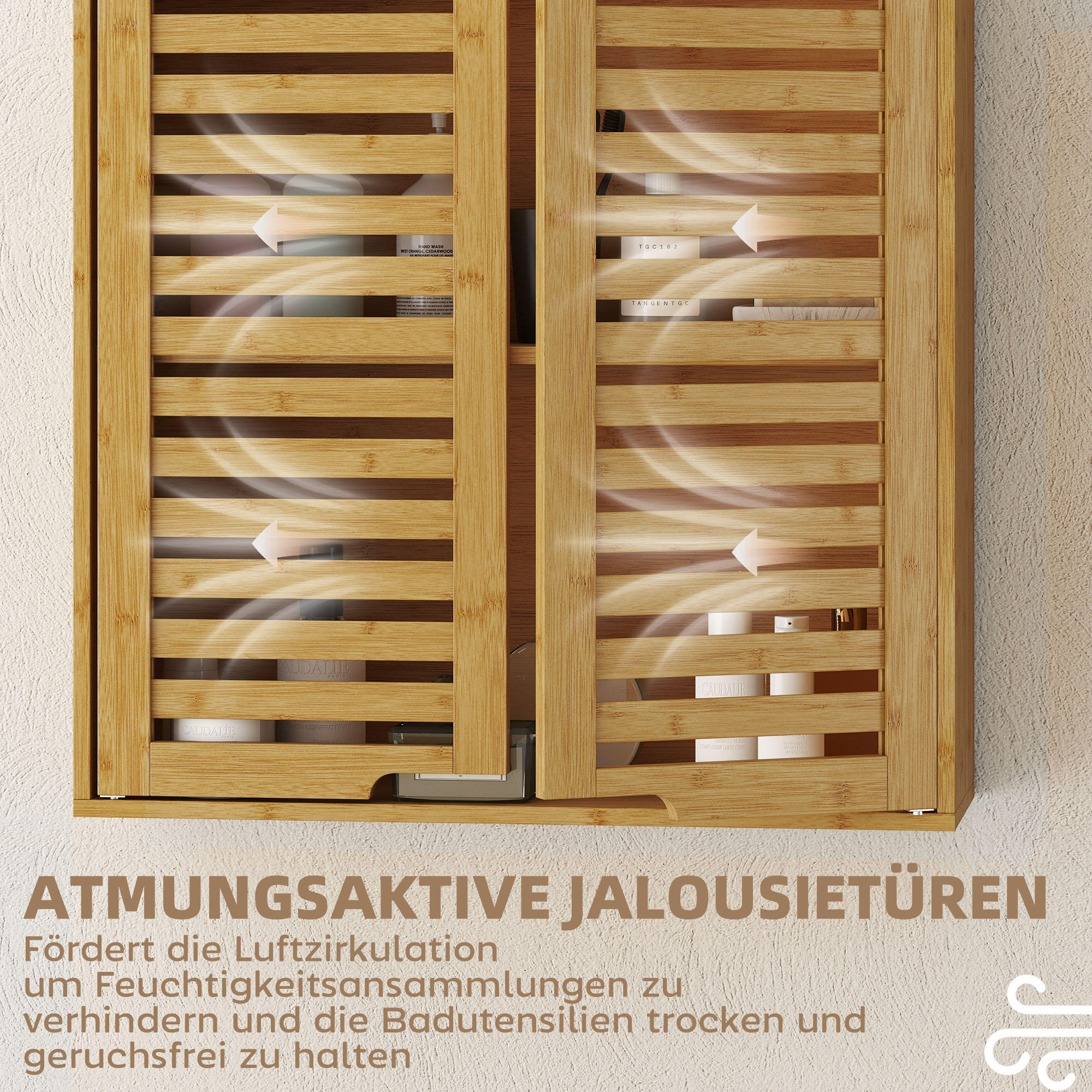 Badezimmerschrank Hängeschrank aus Bambus mit atmungsaktiv Lamellentüren, verstellbar Ablage 60 x 20 x 60 cm Naturholz