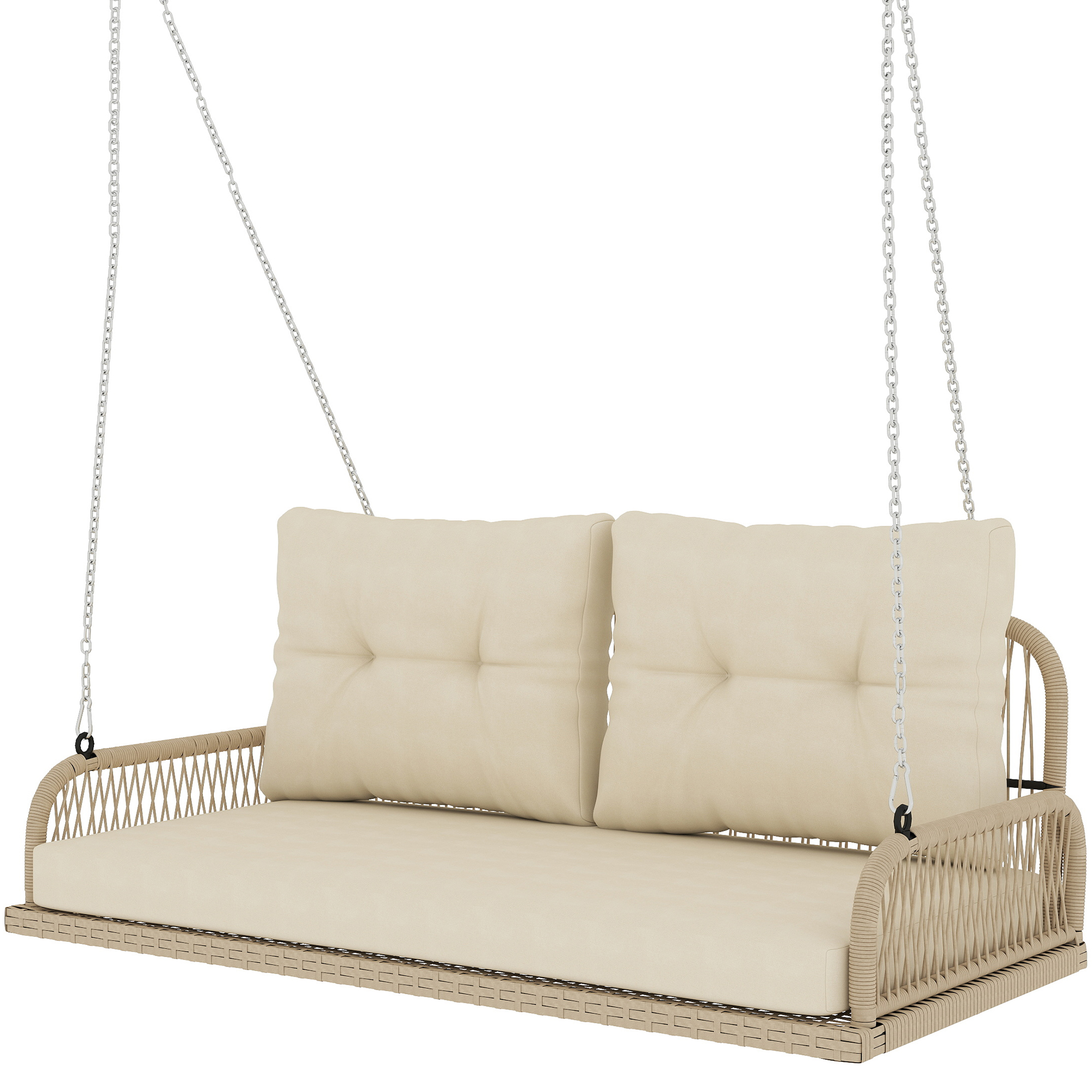 Hollywoodschaukel 2-Sitzer Rattan Gartenschaukel mit Kissen Ketten bis 240 kg 115 x 66 x 44 cm Beige