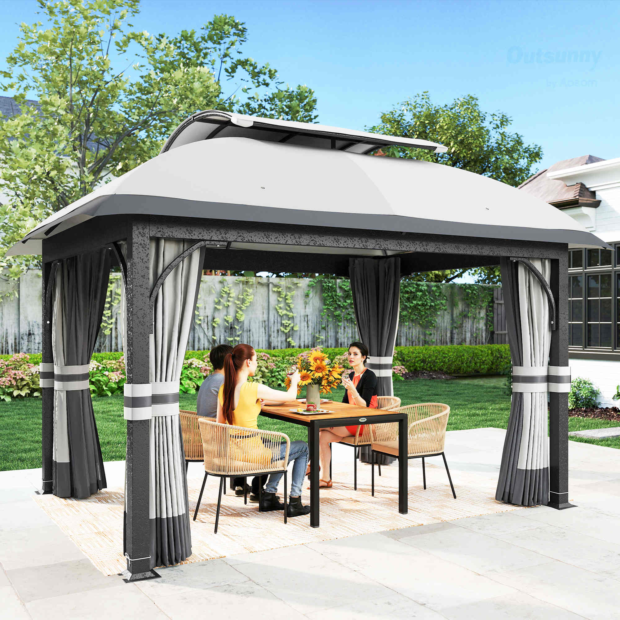Gartenpavillon, 3,3 x 4 m Gartenzelt mit Netz-Vorhängen, zweistufiges Dach, Kunstleder-Bezug, Metallrahmen, Hellgrau
