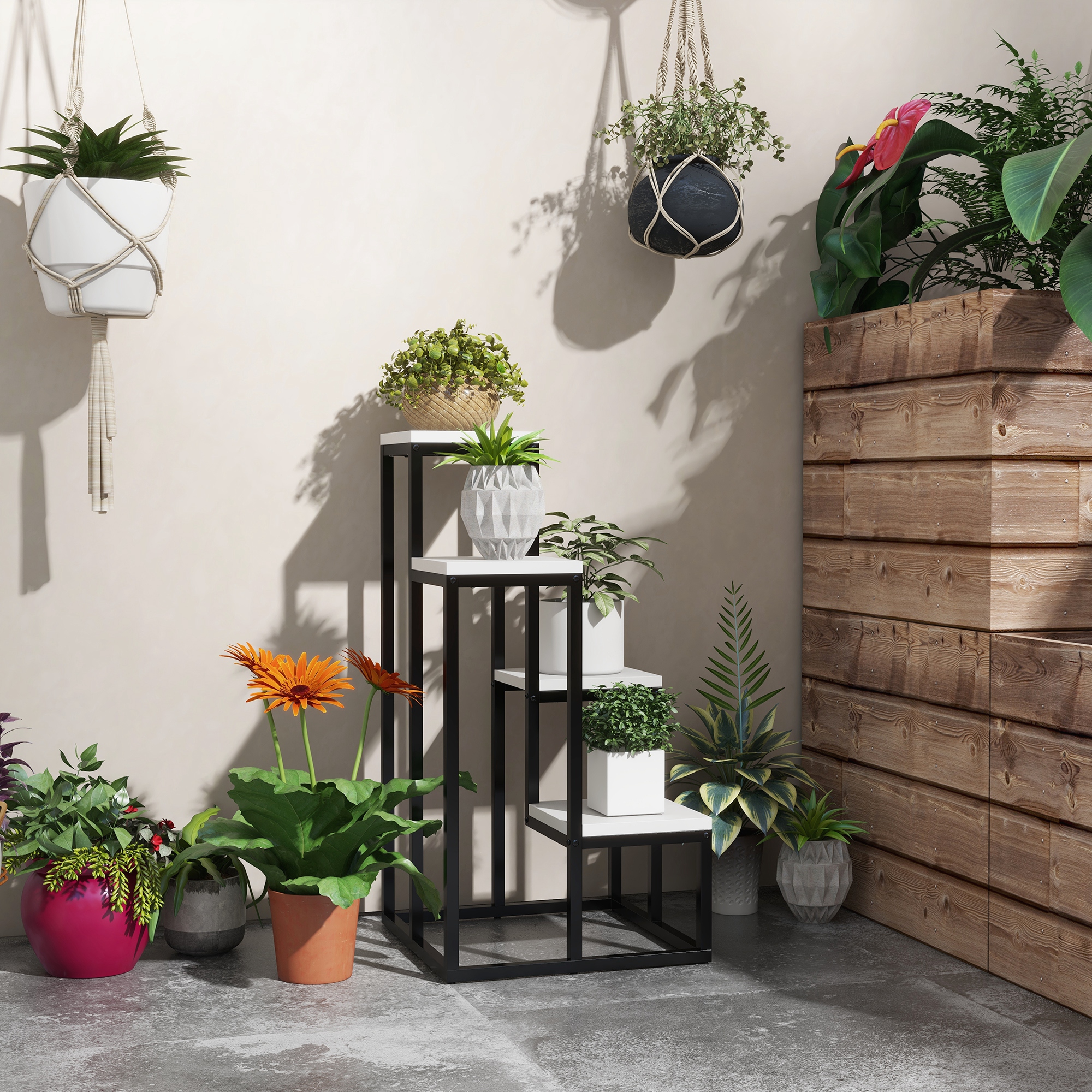 Blumenregal, 4 Etagen, Indoor & Outdoor, Metallrahmen, 34L x 34B x 70H cm, Schwarz+Weiß
