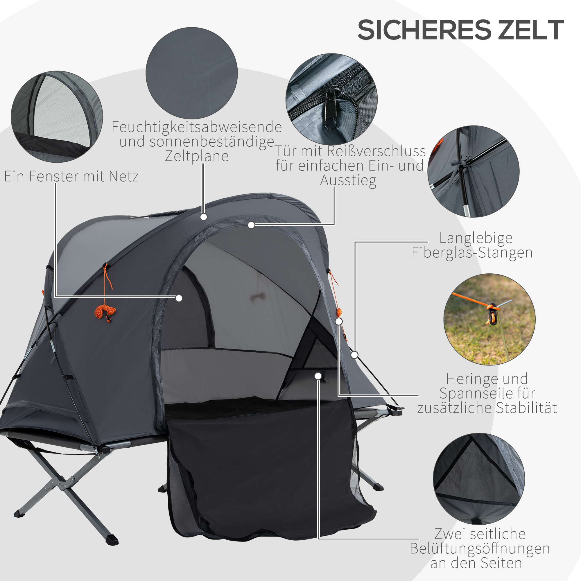 Feldbett mit Kuppeldach Zelt + Liege wetterbeständig zusammenklappbar Grau 200 cm x 86 cm x 147 cm