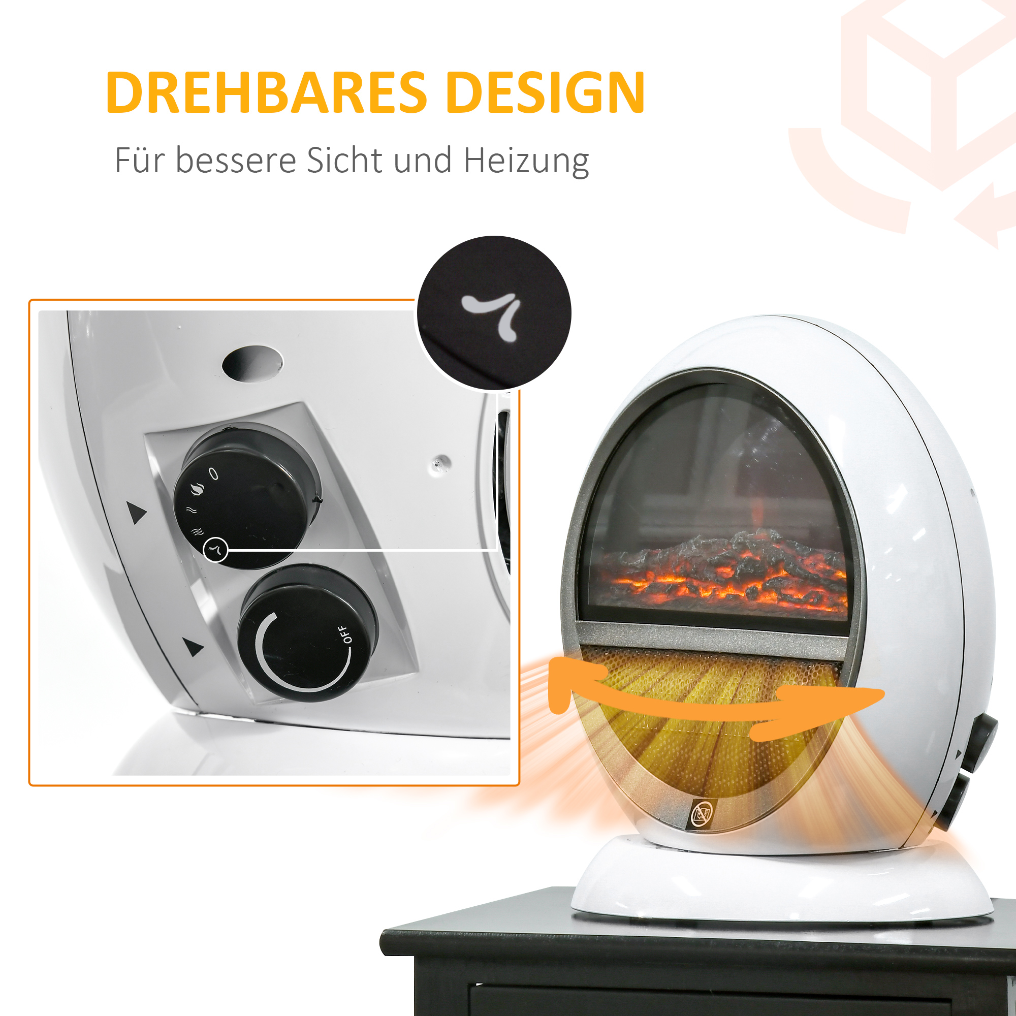 LED Elektrokamin Mini Tisch Standkamin Kaminofen mit Flammeneffekt 1500W ABS-Kunststoff Weiß 30,5 x 18 x 35 cm