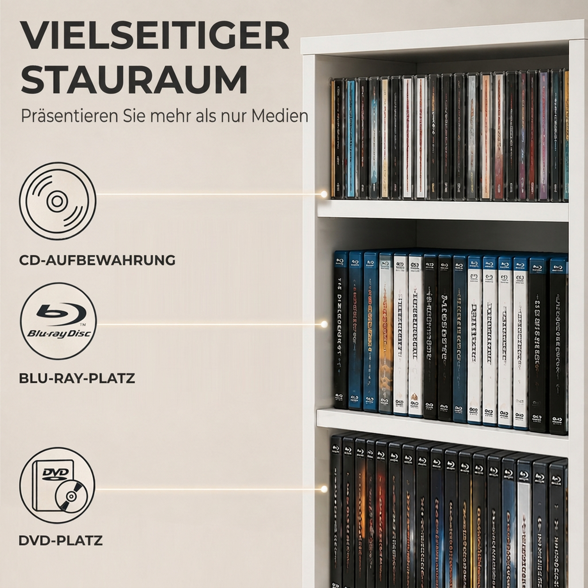 CD-/DVD-Regal, 9 Ebenen, schmales Standregal mit 6 verstellbaren Böden, für 260 CDs, Weiß