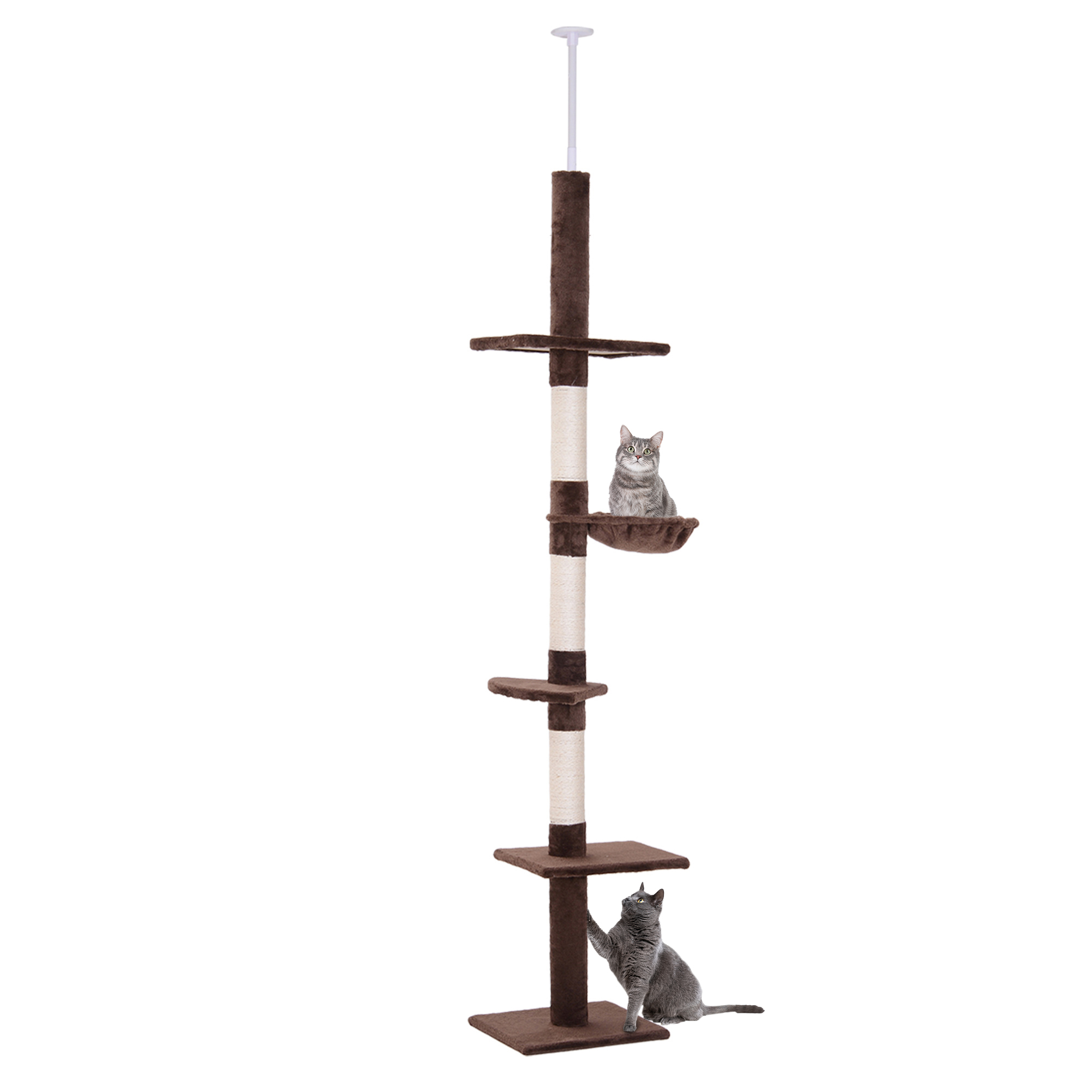 Kratzbaum Deckenhoch höhenverstellbar, stabiler Katzenbaum mit Sisalsäulen, Katzen Kletterbaum, Braun, 40 x 34 x 230-260 cm