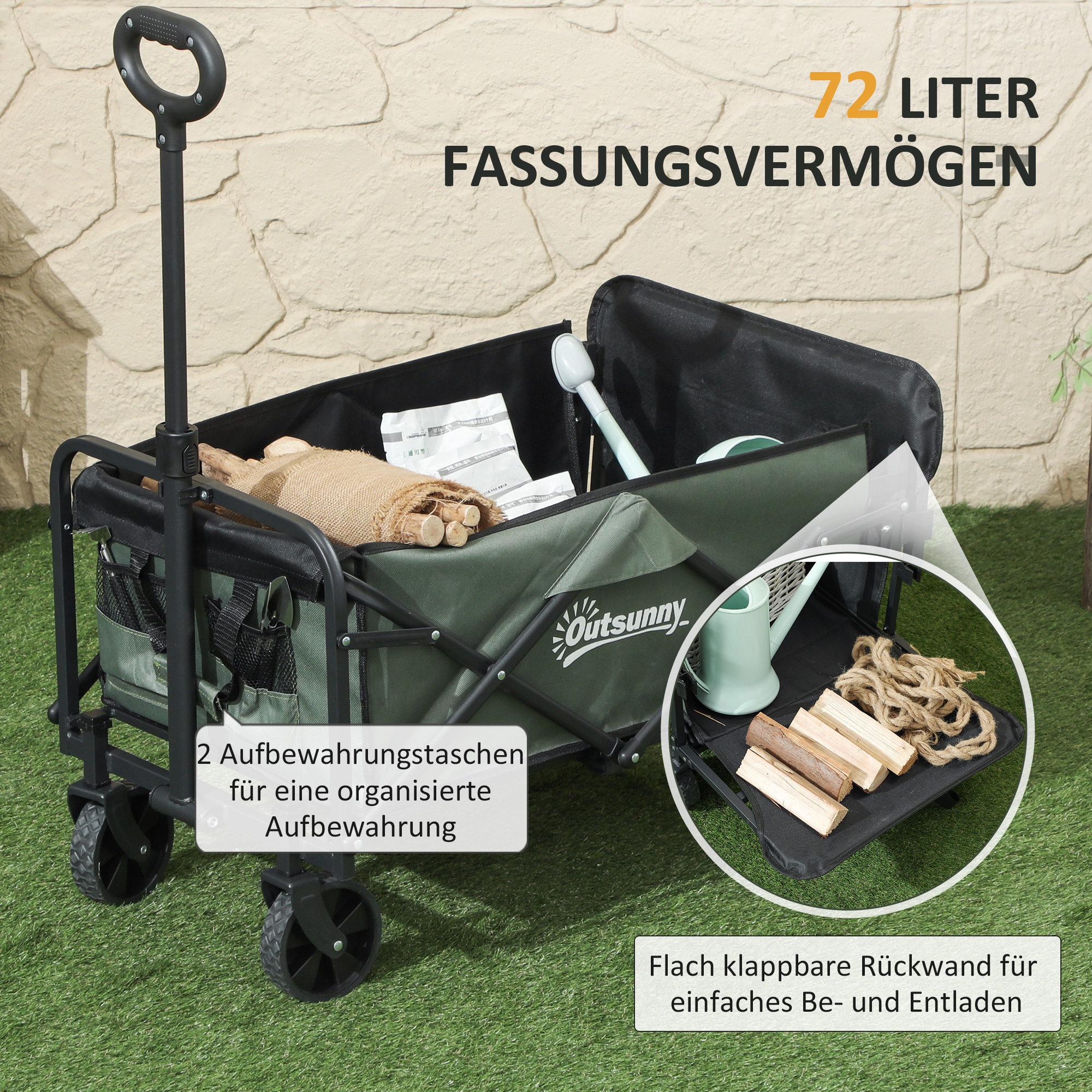 Gartenwagen 90 kg belastbar, klappbar Transportwagen mit herausnehmbare Plane, Griff, Rädern 72 Liter Grün