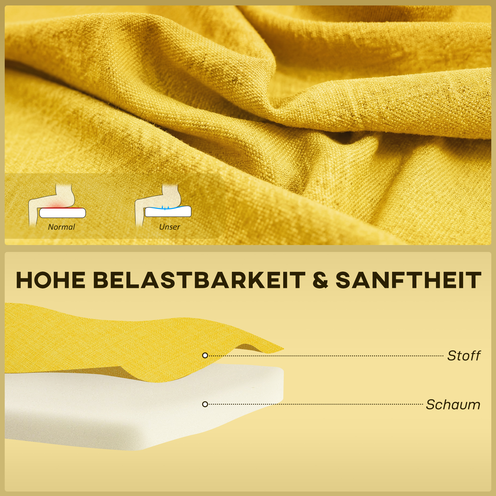 2-Sitzer Sofa, weiche Polsterung, pflegeleichter Bezug, bis 220 kg, 117 x 56,5 x 77 cm, Gelb