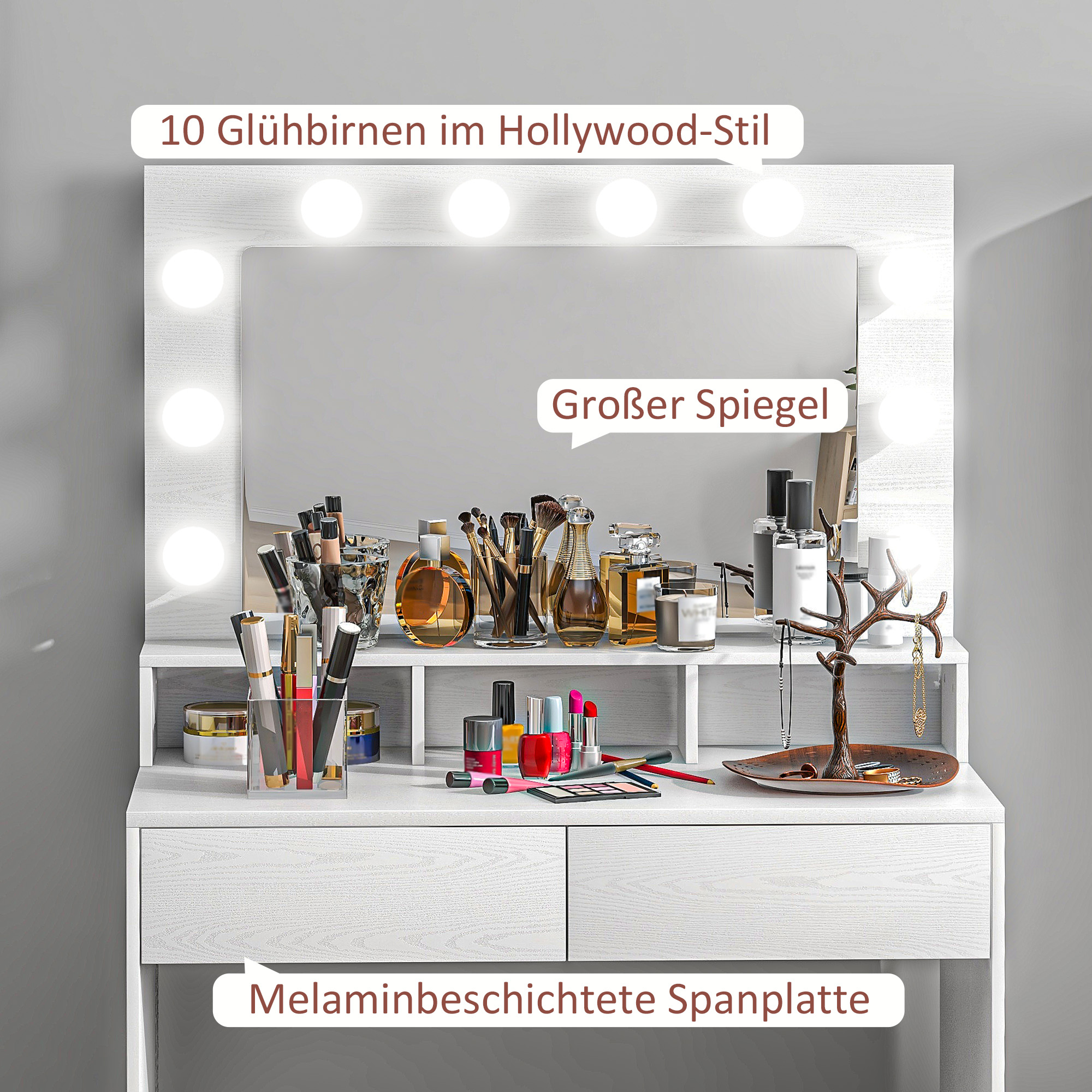 Frisiertisch mit beleuchtetem Spiegel, Schubladen, 3 Lichtoptionen, 10 Glühbirnen, moderner Schminktisch in Weiß
