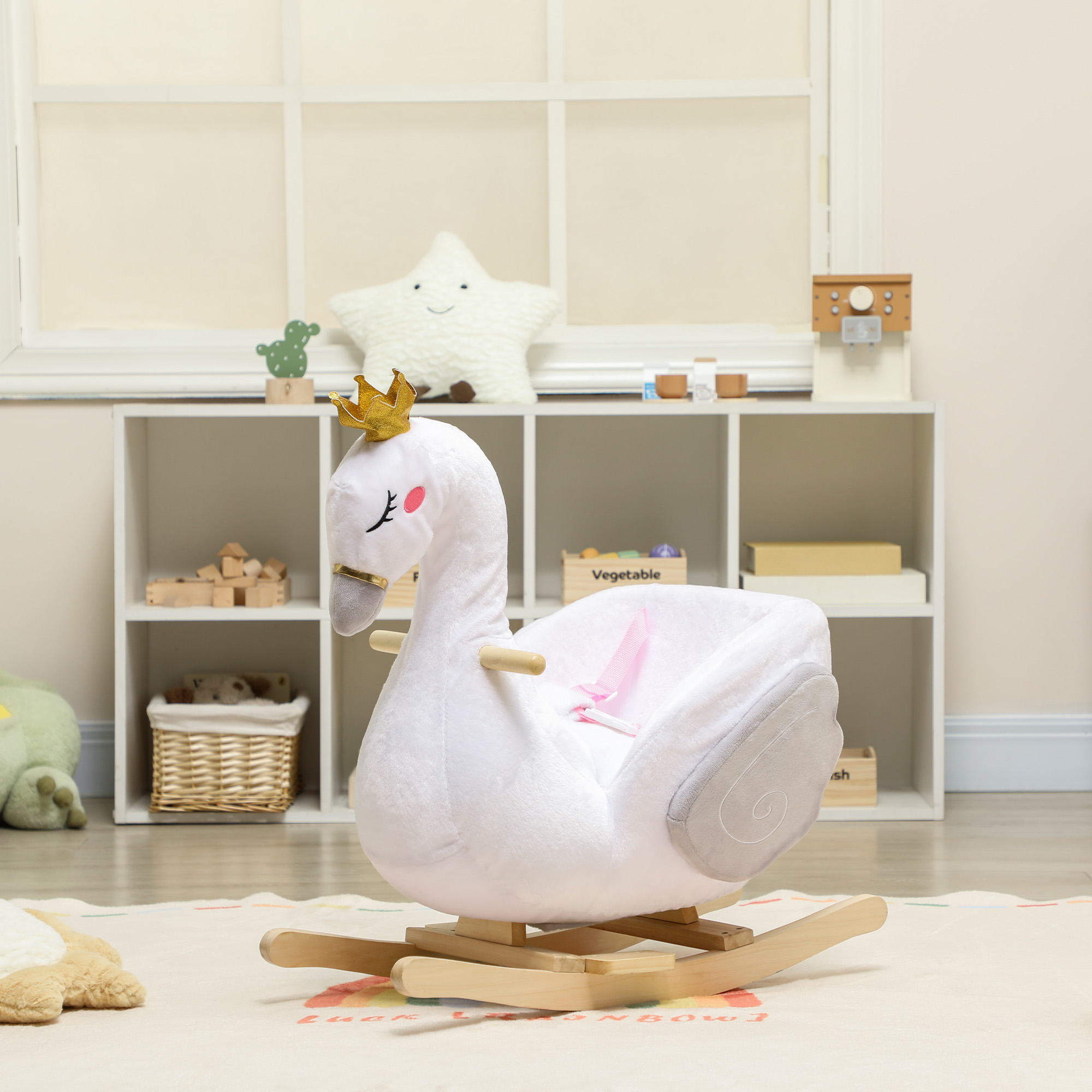 Schaukeltier, Schwan-Schaukel mit Schlaflied, weicher Füllung, Holzrahmen, für Kinder 1,5-3 Jahre, 65x40x68 cm, Weiß