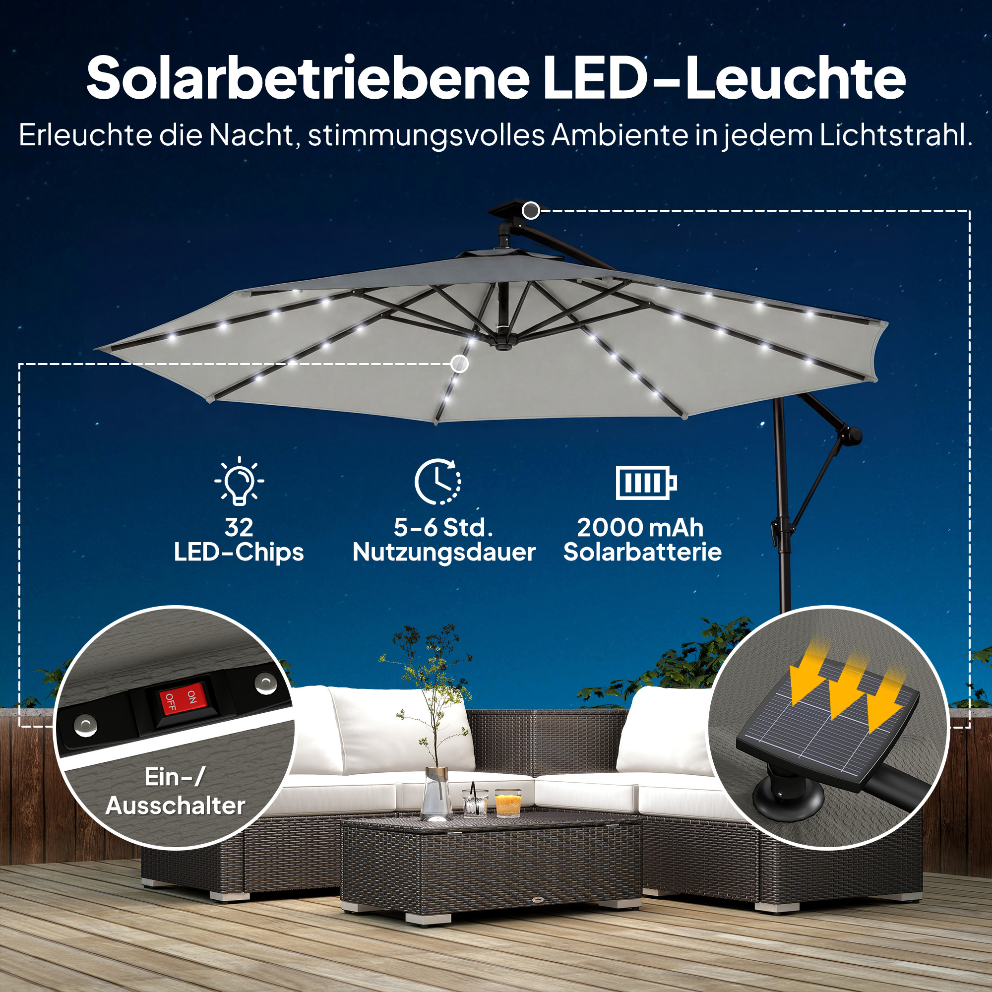 Ampelschirm LED Solar ca. Ø300 cm Drehbar Sonnenschirm mit Kurbel Ständer Schutzhülle Hellgrau