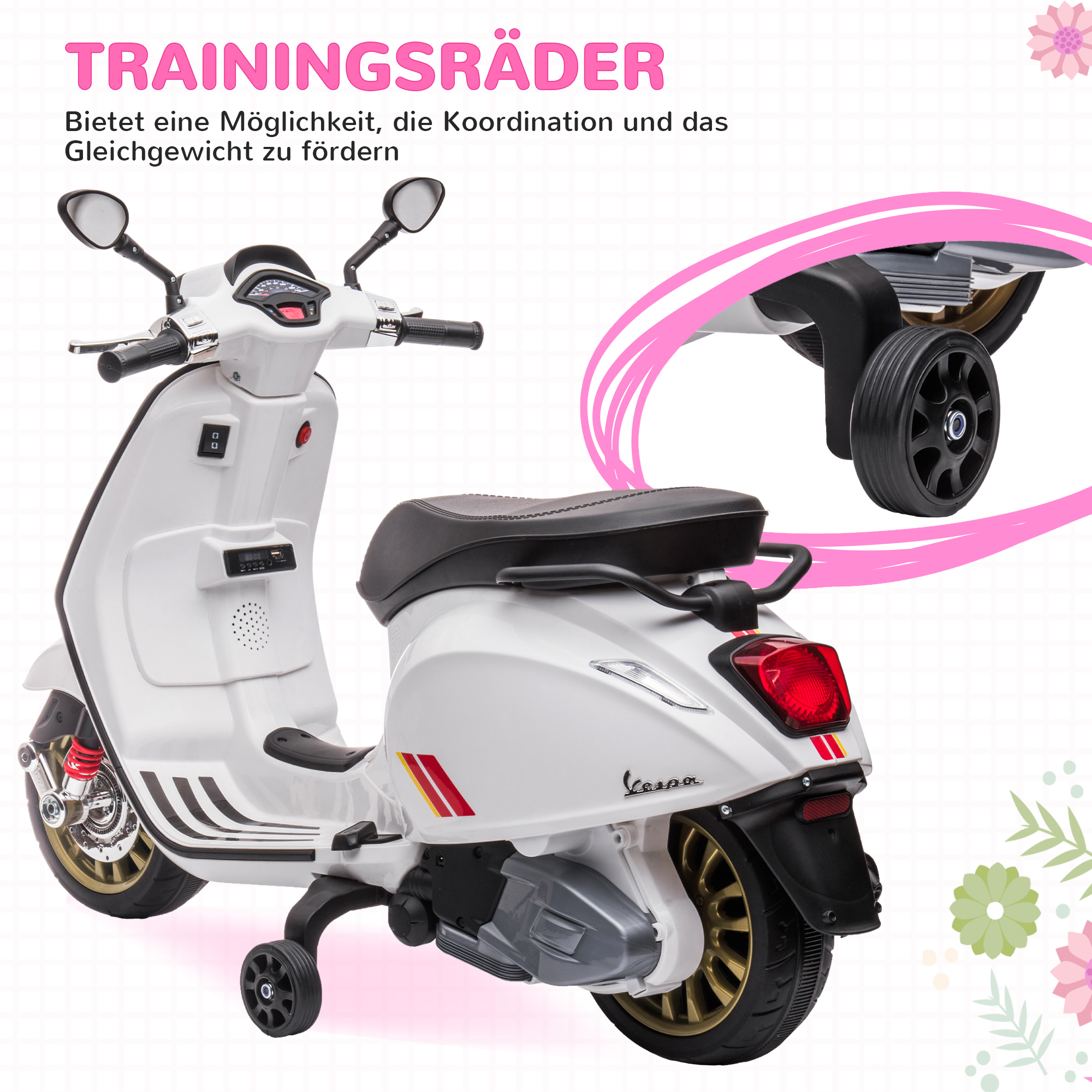 Elektro-Kindermotorrad, Vespa, 3 km/h, 3-6 Jahre, Musik, Licht & Radio, Weiß