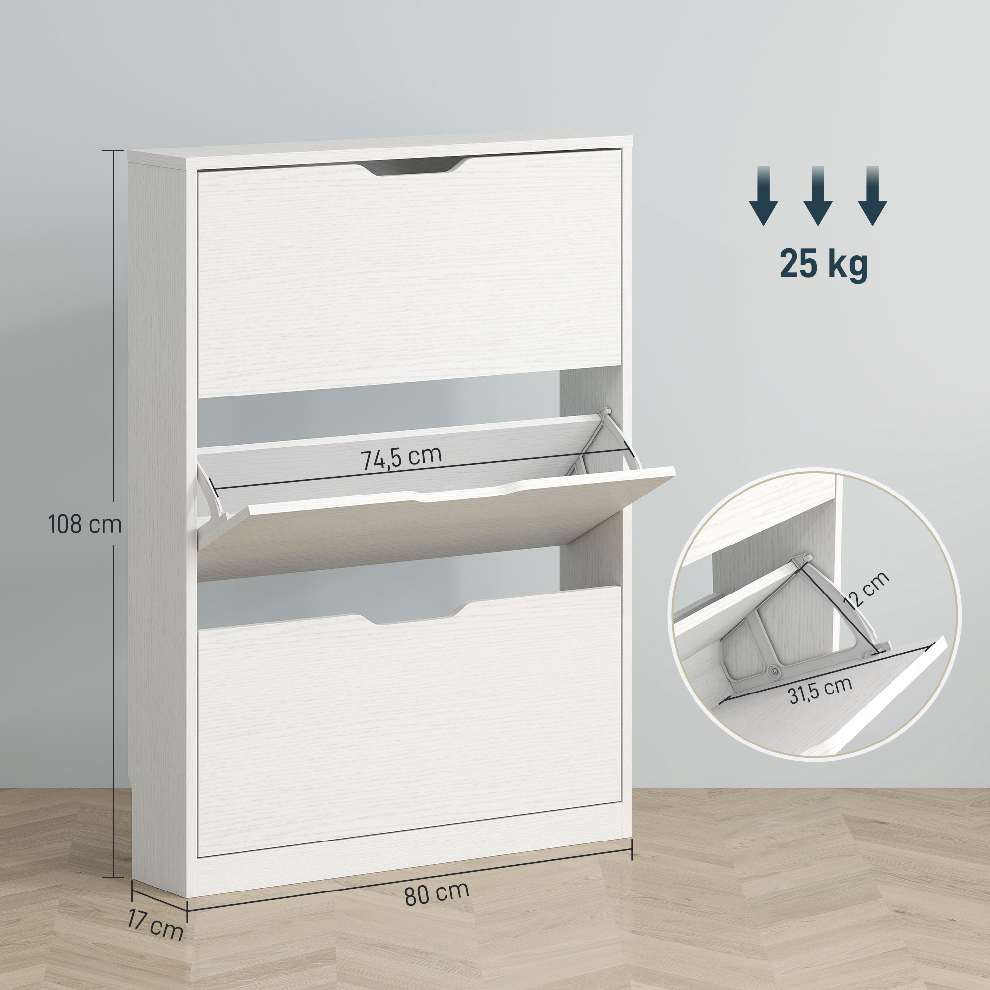 Schuhschrank mit 3 Klappschubladen, für bis zu 12 Paar Schuhe, Spanplatte, 80 x 17 x 108 cm, Weiß