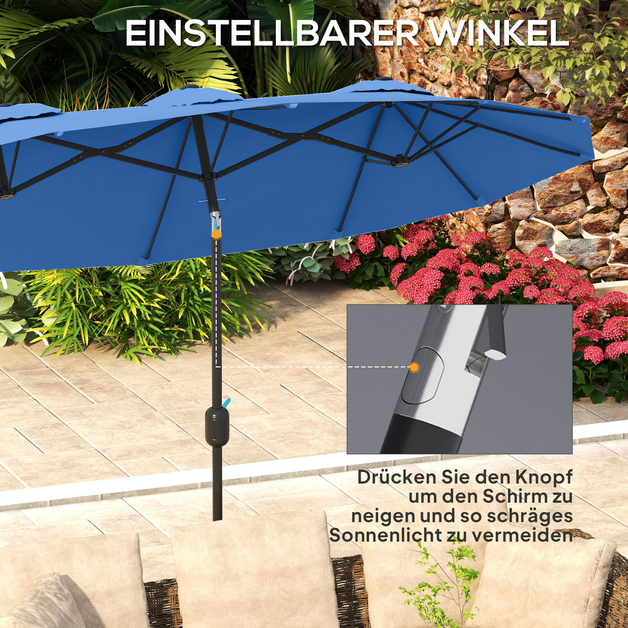 Sonnenschirm, Gartenschirm, neigbar, mit Handkurbel, Winddach, Polyester+Stahl, Marineblau, 285 x 147 cm