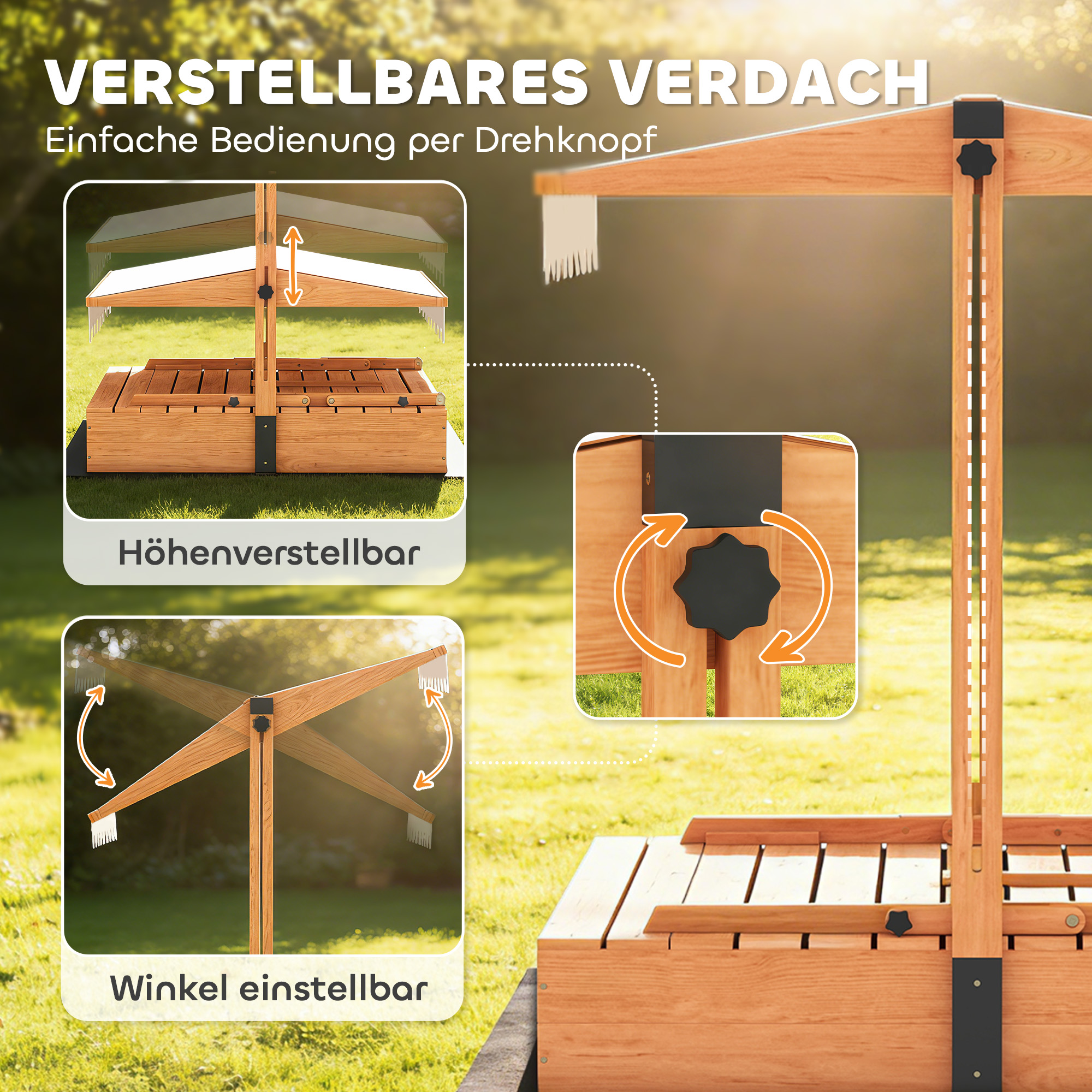 Sandkasten mit Dach Sandkiste aus Holz mit klappbarem Picknicktisch Sitzbänken für 3-8 Jahre 184 x 110 x 120 cm Braun
